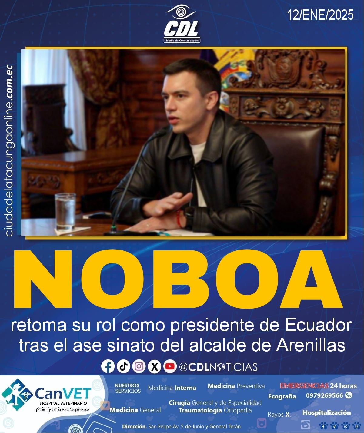 Daniel Noboa retoma su rol como presidente de Ecuador tras el ase sinato del alcalde de Arenillas