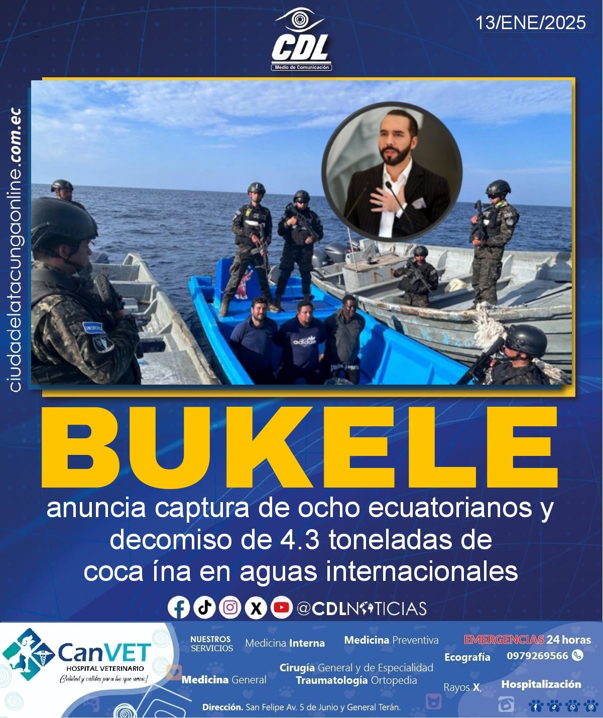 Bukele anuncia captura de ocho ecuatorianos y decomiso de 4.3 toneladas de coca ína en aguas internacionales