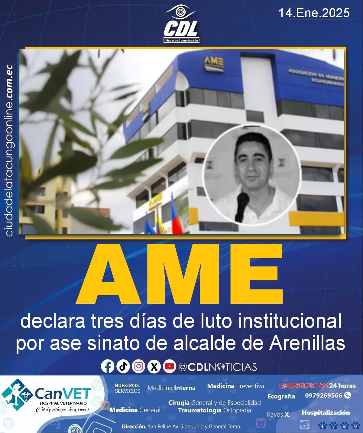 AME declara tres días de luto institucional por ase sinato de alcalde de Arenillas