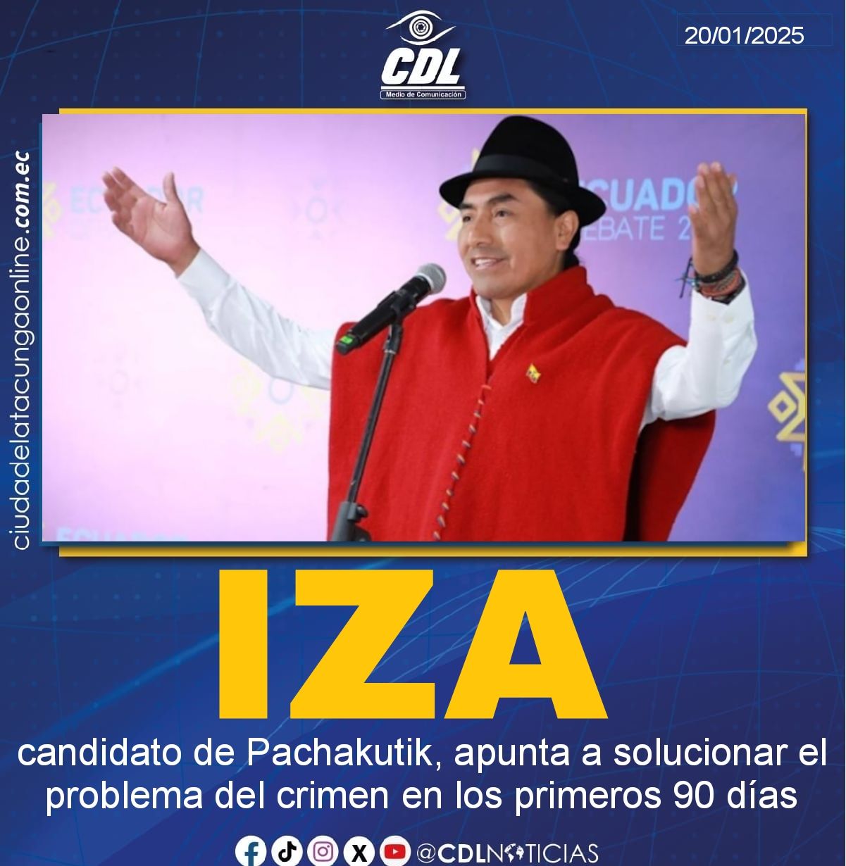 Leonidas Iza, candidato de Pachakutik, apunta a solucionar el problema del crimen en los primeros 90 días