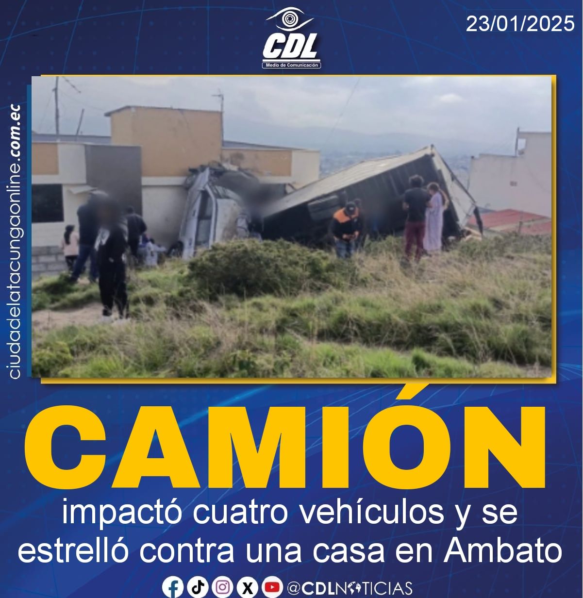 Un camión impactó cuatro vehículos y se estrelló contra una casa en Ambato