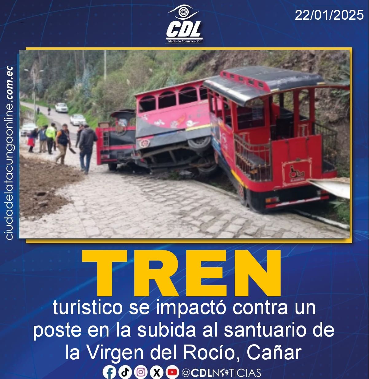Un tren turístico se impactó contra un poste en la subida al santuario de la Virgen del Rocío, Cañar