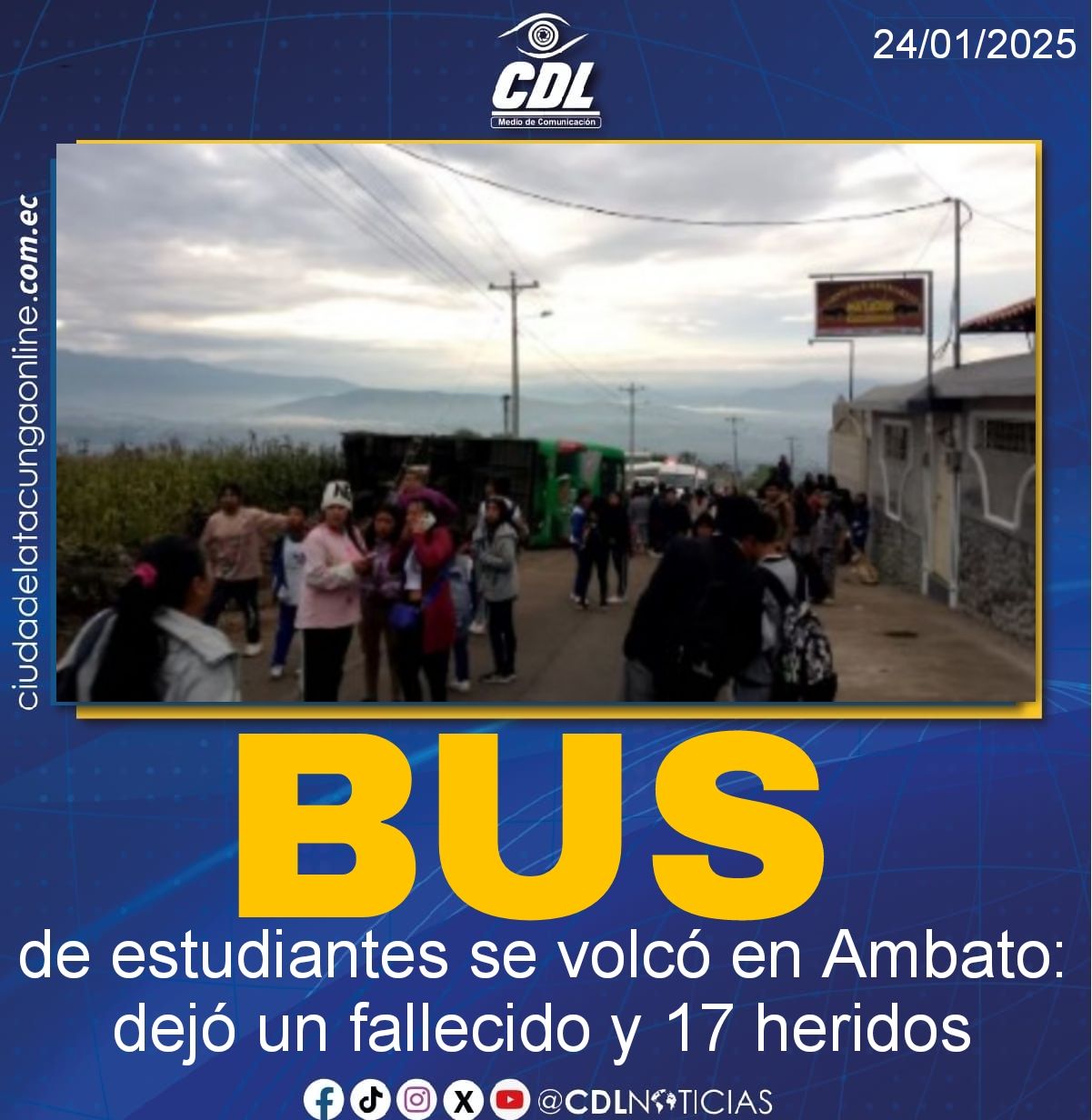 Bus de estudiantes se volcó en Ambato: dejó un fallecido y 17 heridos