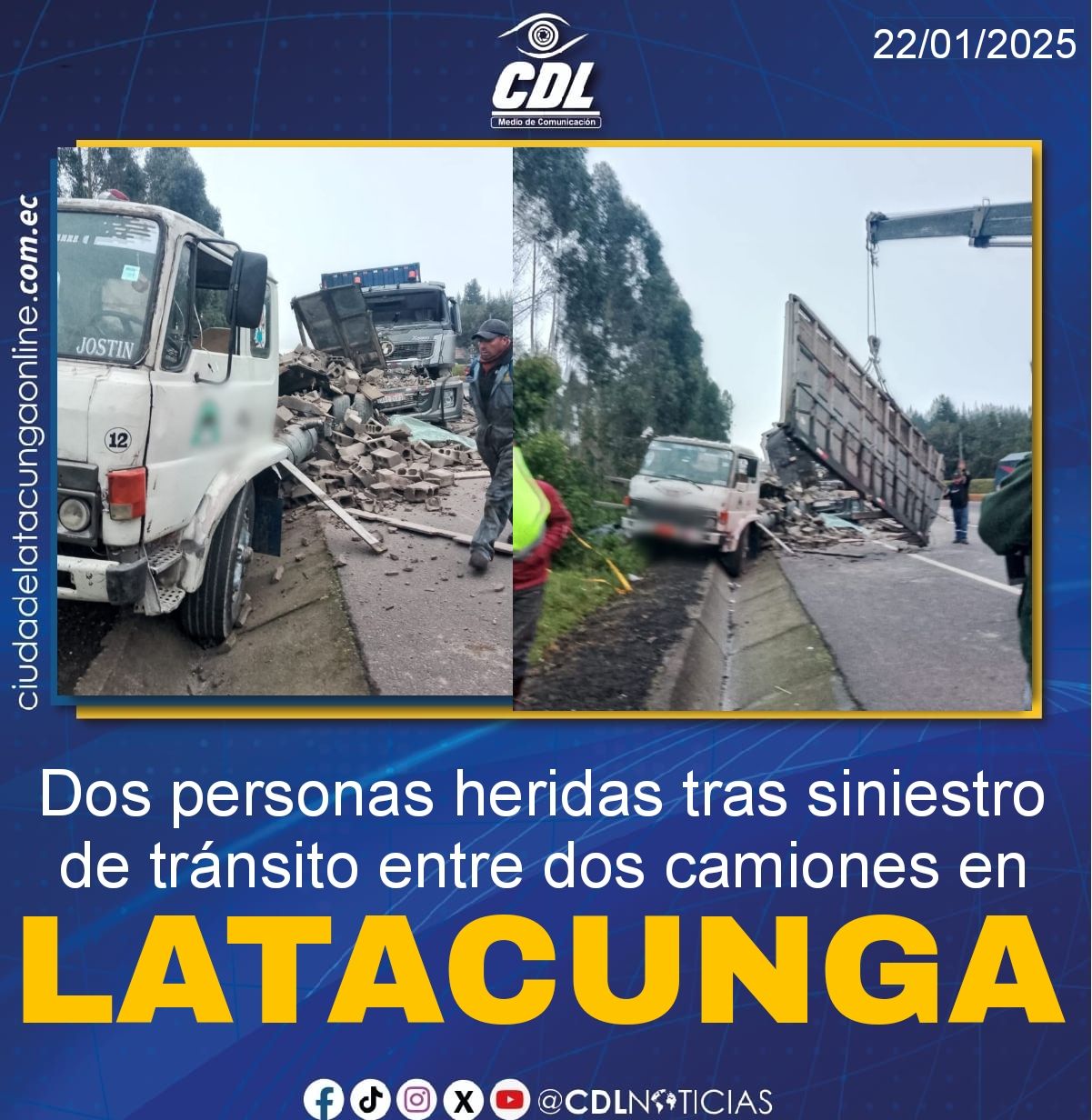 Dos personas heridas tras siniestro de tránsito entre dos camiones en Latacunga