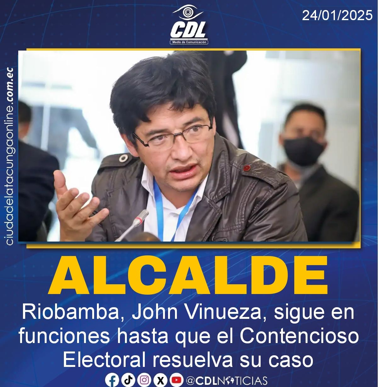 El alcalde Riobamba, John Vinueza, sigue en funciones hasta que el Contencioso Electoral resuelva su caso