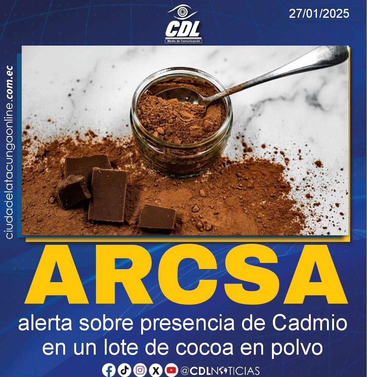 Arcsa alerta sobre presencia de Cadmio en un lote de cocoa en polvo