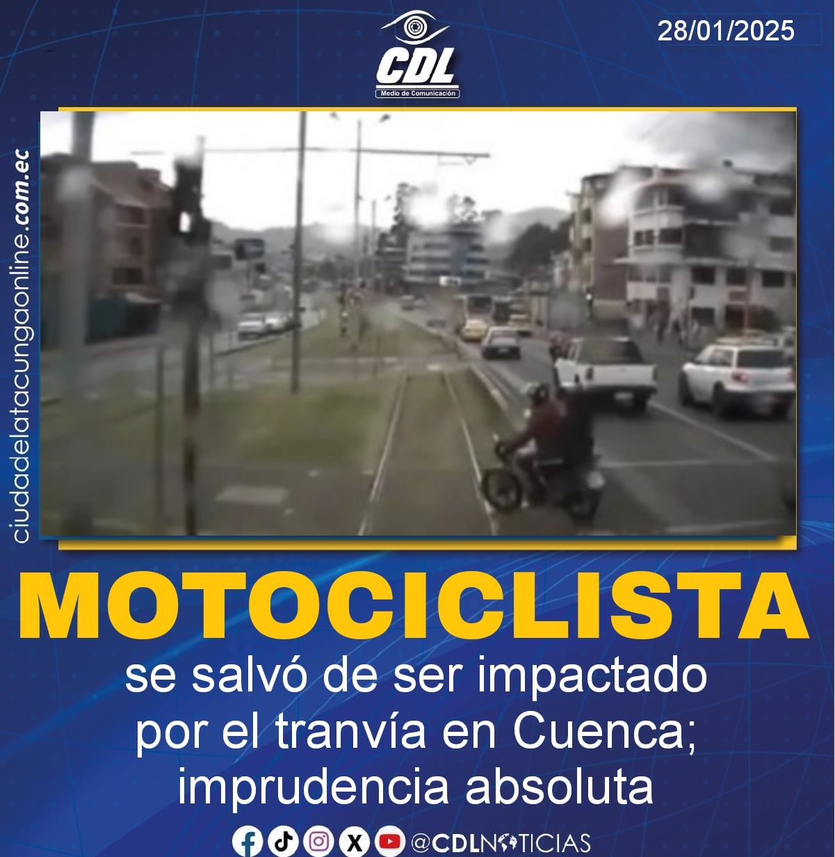 Motociclista se salvó de ser impactado por el tranvía en Cuenca; imprudencia absoluta