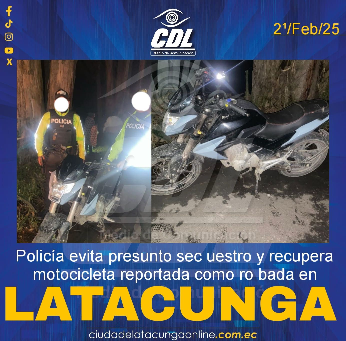 Policía evita presunto sec uestro y recupera motocicleta reportada como ro bada en Latacunga