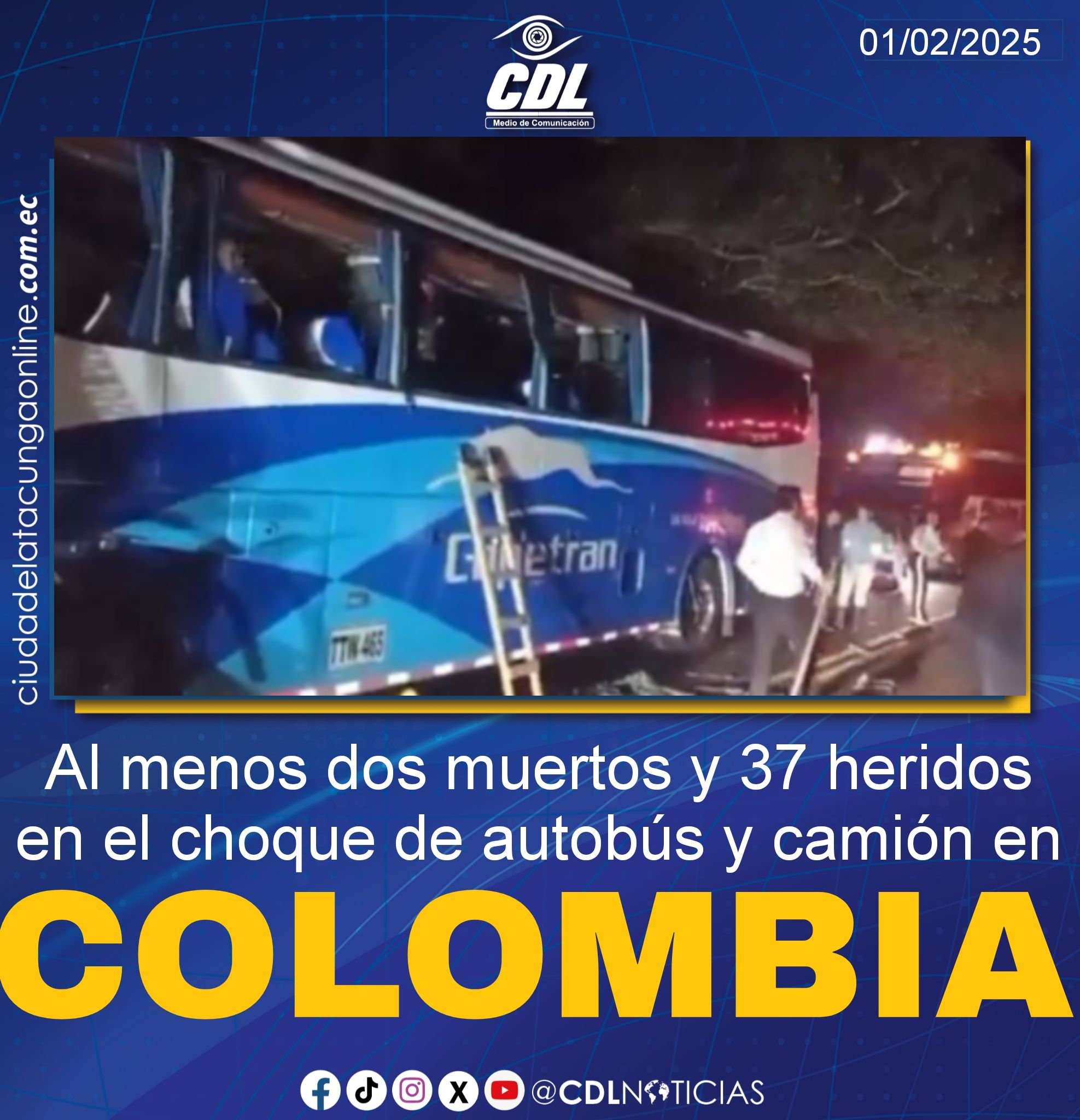 Al menos dos muertos y 37 heridos en el choque de autobús y camión en Colombia
