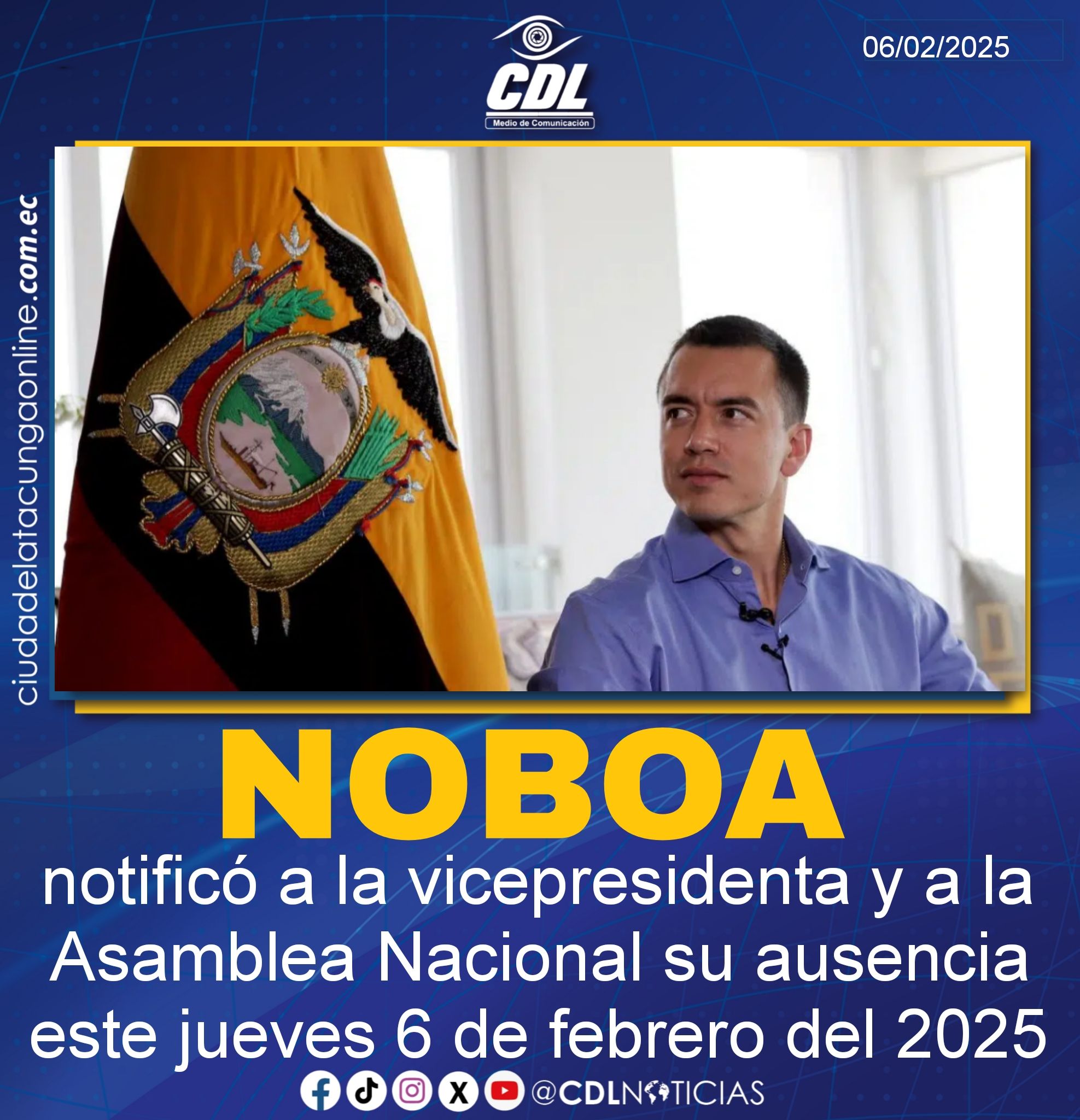 Daniel Noboa notificó a la vicepresidenta y a la Asamblea Nacional su ausencia este jueves 6 de febrero del 2025
