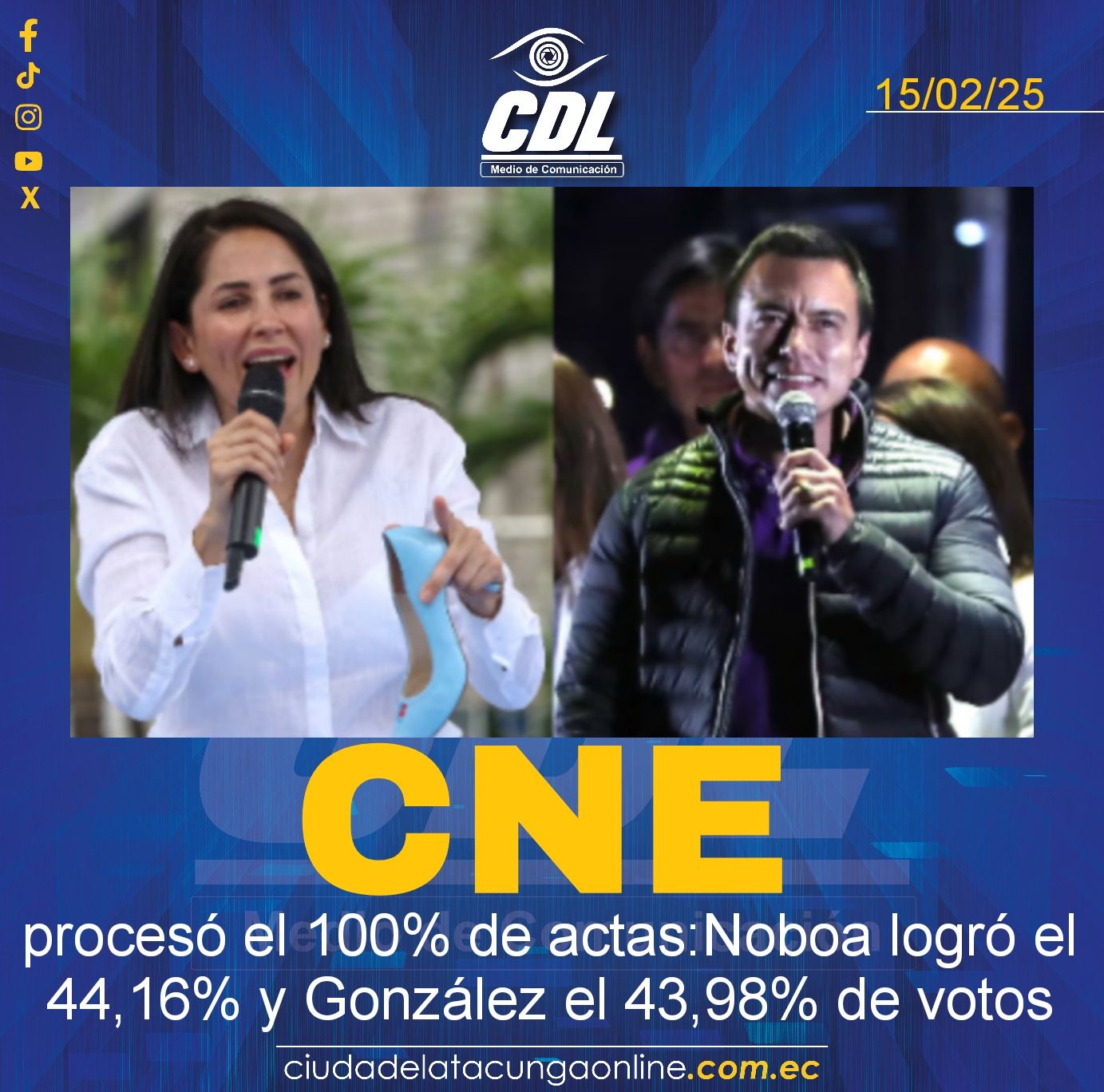 CNE procesó el 100% de actas: Daniel Noboa logró el 44,16% y Luisa González el 43,98% de votos