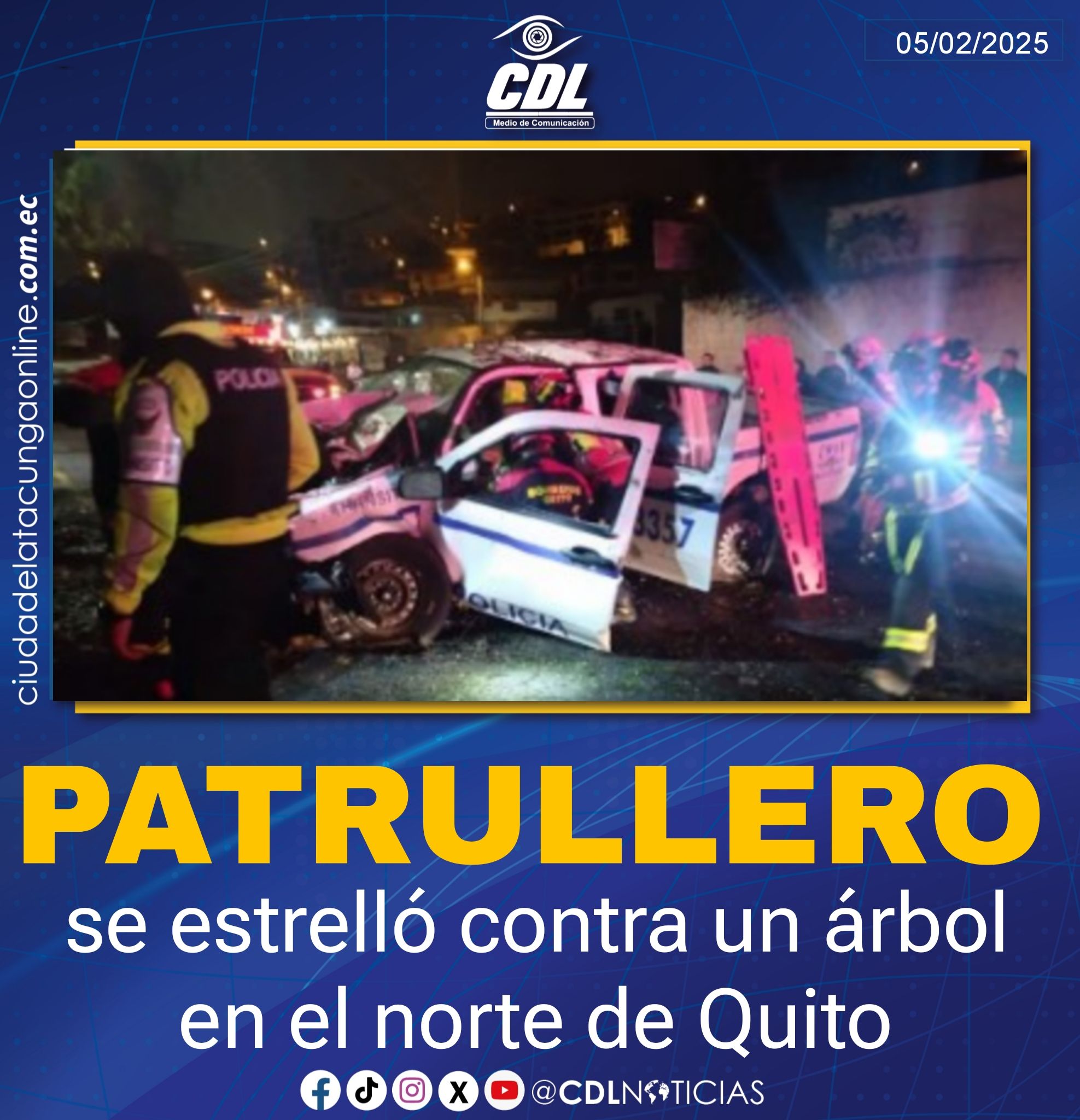 Un patrullero se estrelló contra un árbol en el norte de Quito