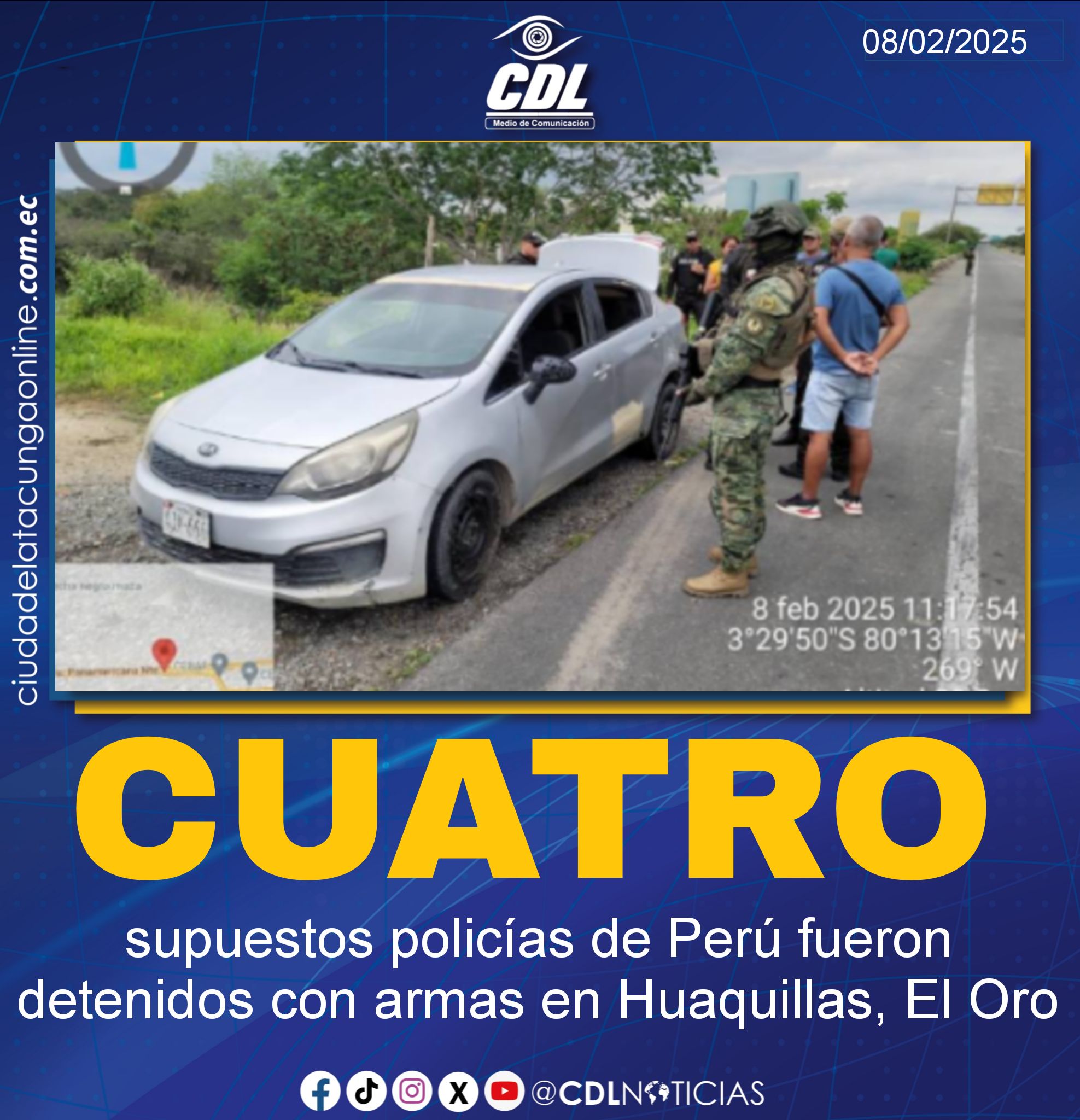 Cuatro supuestos policías de Perú fueron detenidos con armas en Huaquillas, El Oro