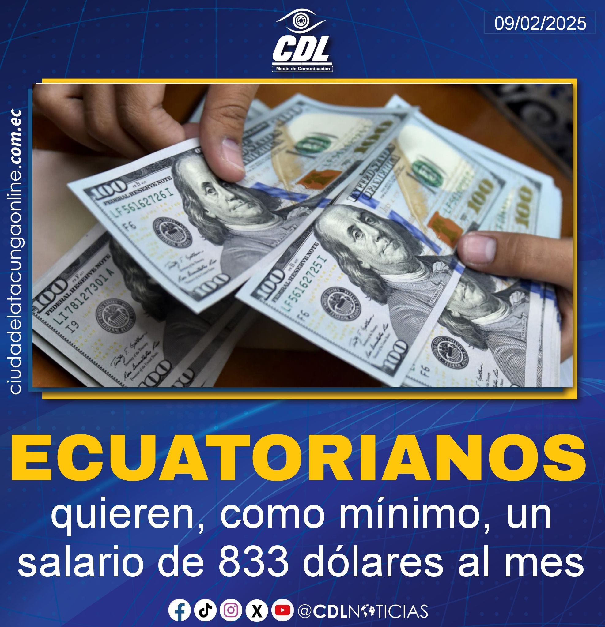 Los ecuatorianos quieren, como mínimo, un salario de 833 dólares al mes