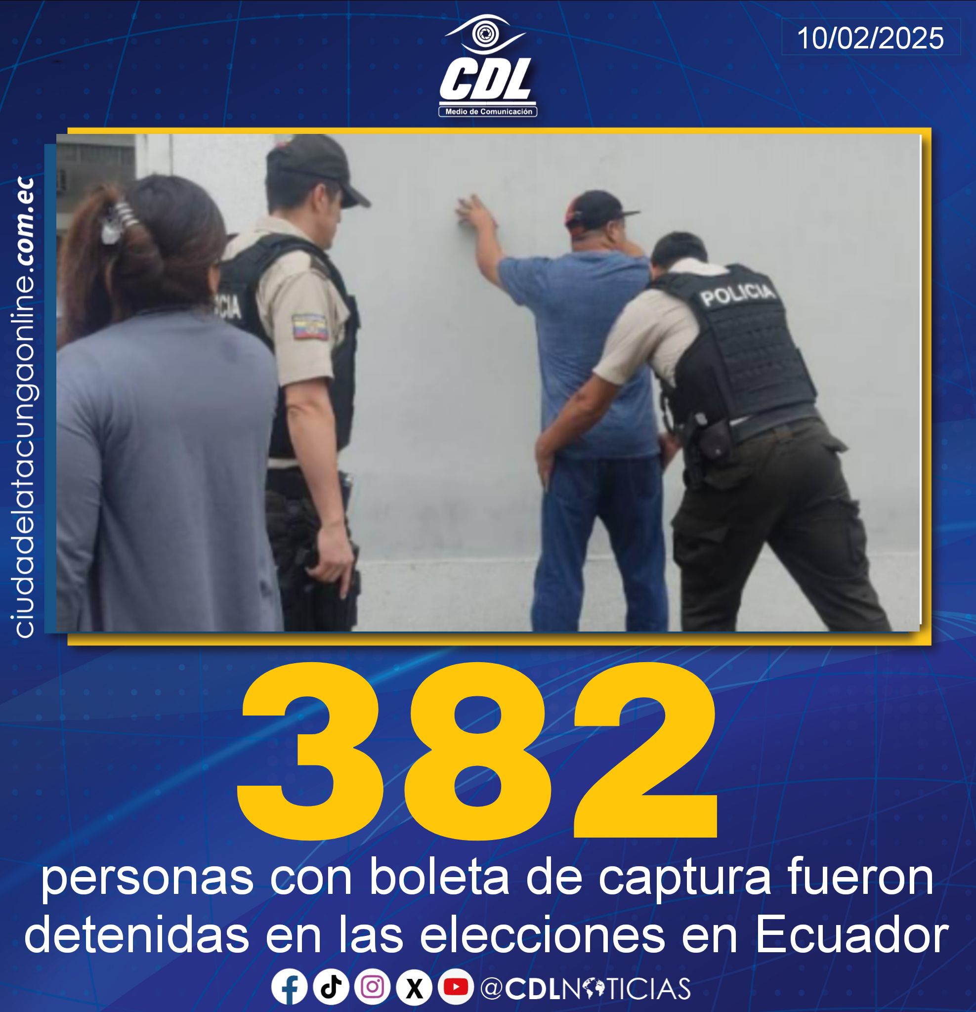 382 personas con boleta de captura fueron detenidas en las elecciones en Ecuador