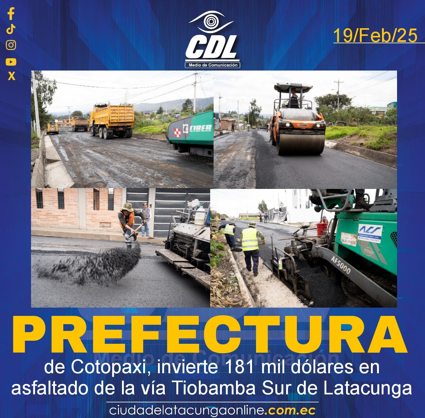 Prefectura de Cotopaxi, invierte 181 mil dólares en asfaltado de la vía Tiobamba Sur de Latacunga