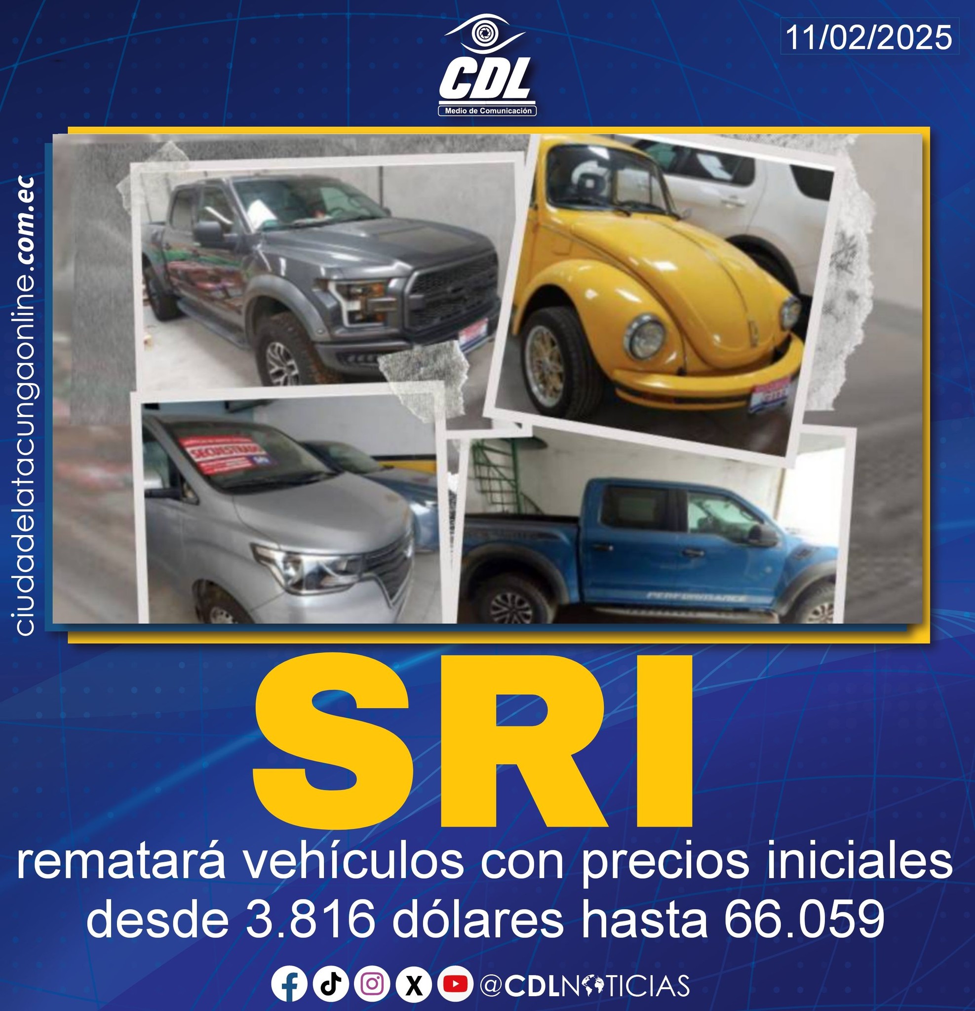 SRI rematará vehículos con precios iniciales desde 3.816 dólares hasta 66.059