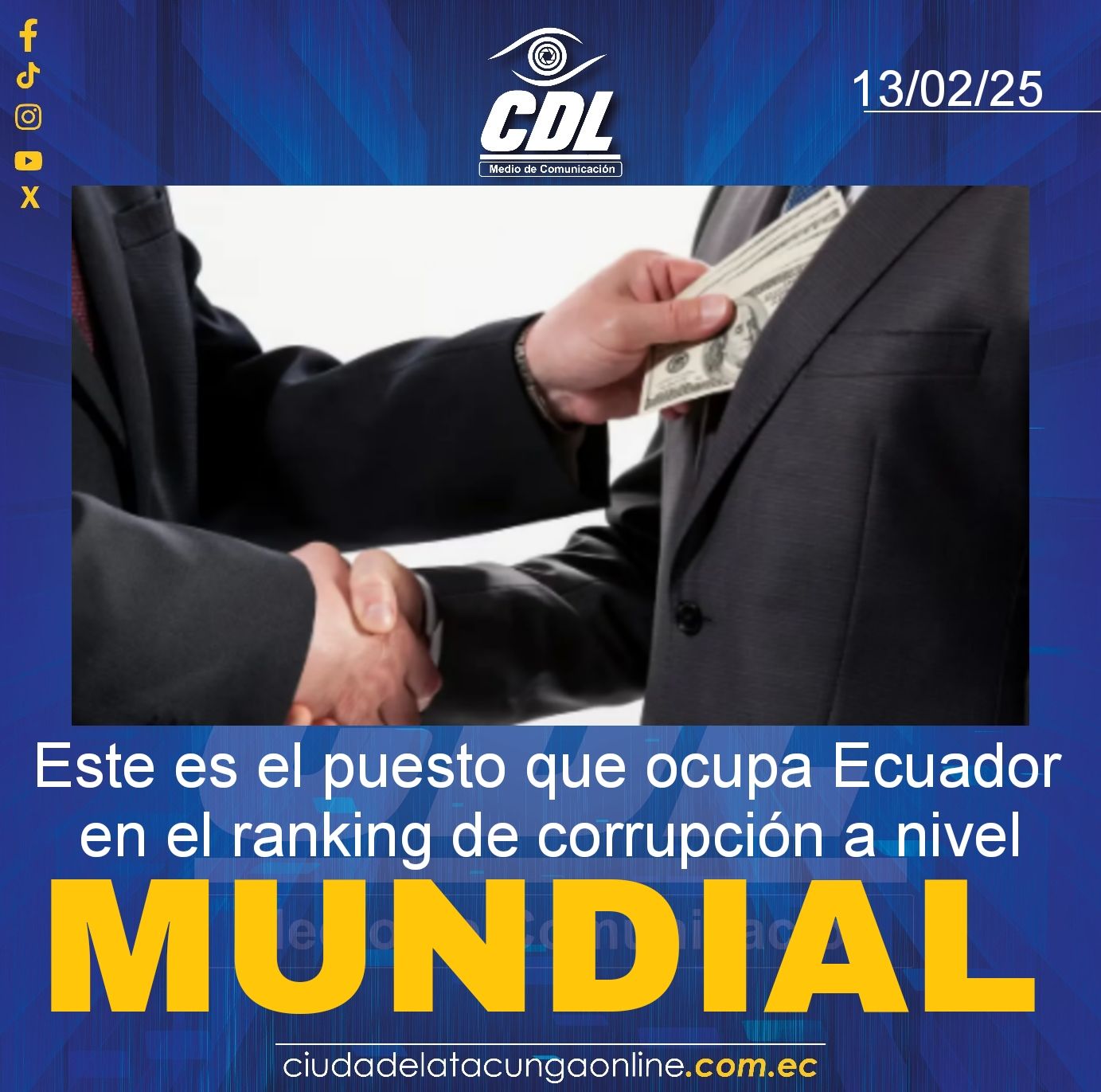 Este es el puesto que ocupa Ecuador en el ranking de corrupción a nivel mundial