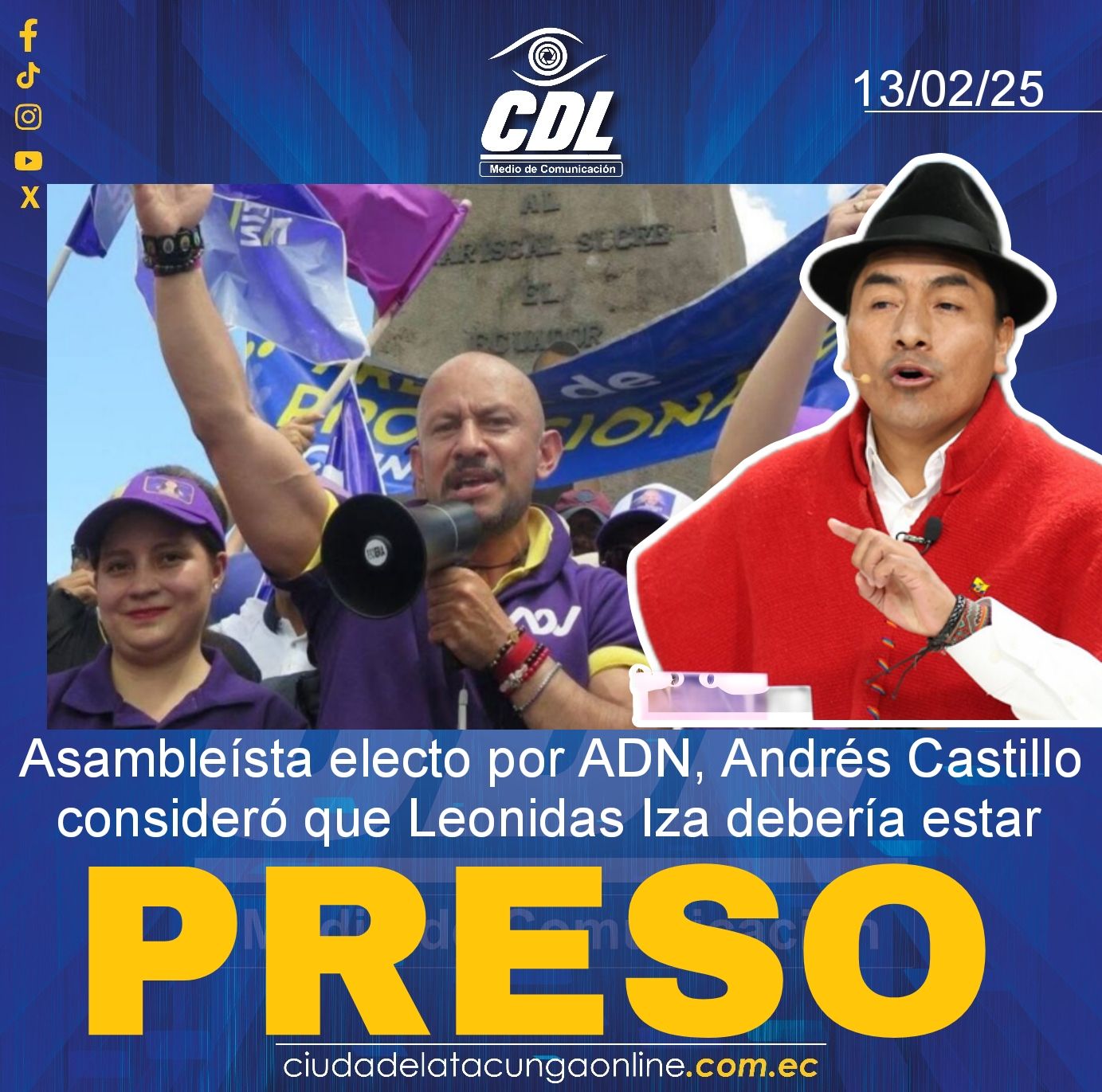 Asambleísta electo por ADN, Andrés Castillo consideró que Leonidas Iza debería estar presø