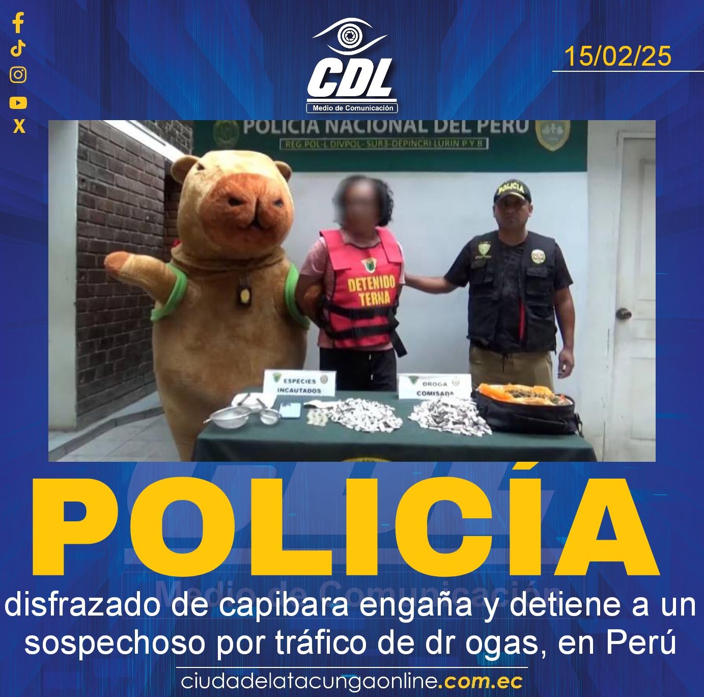 Policía disfrazado de capibara engaña y detiene a un sospechoso por tráfico de drogas, en Perú