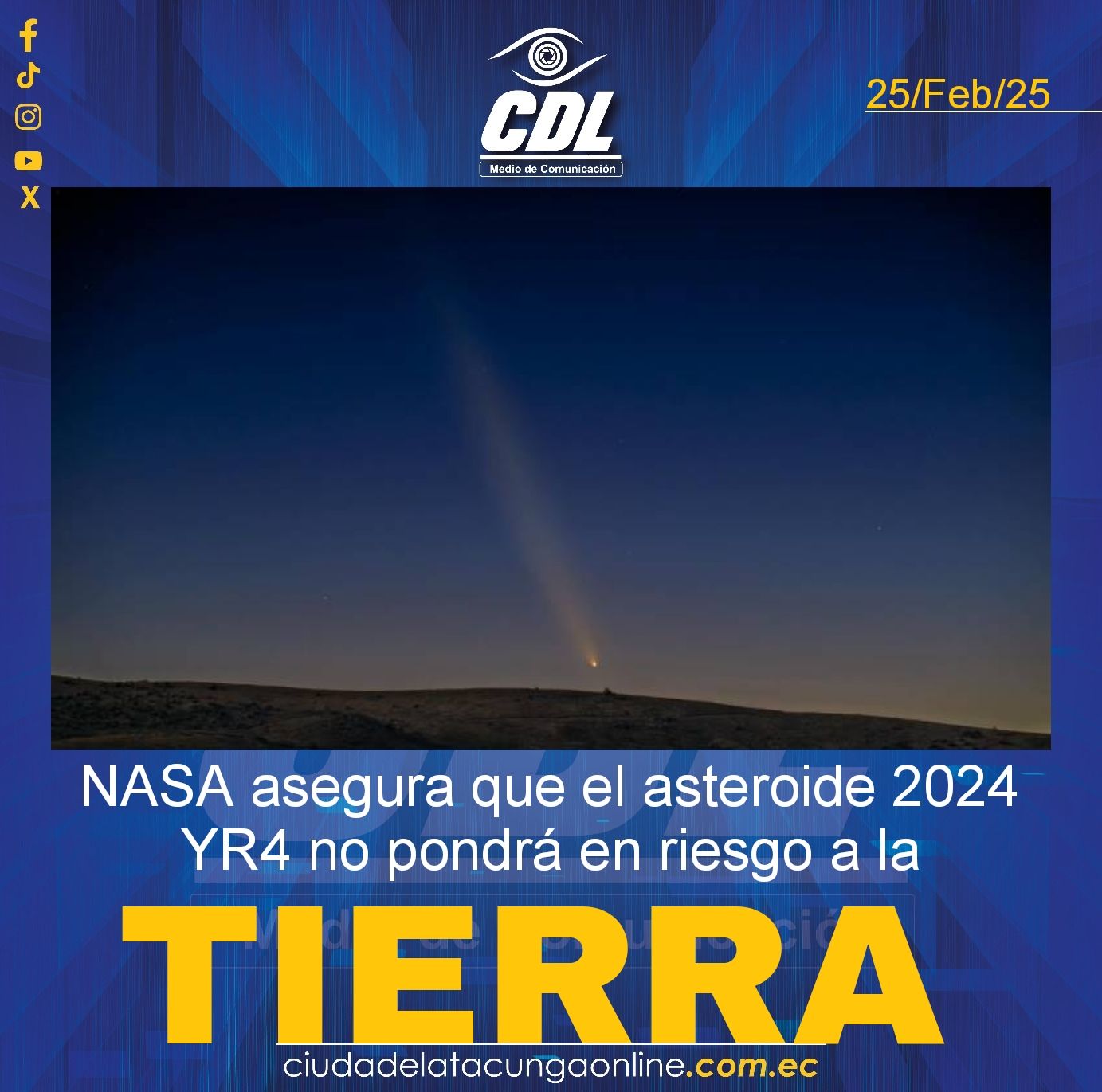 La NASA asegura que el asteroide 2024 YR4 no pondrá en riesgo a la Tierra