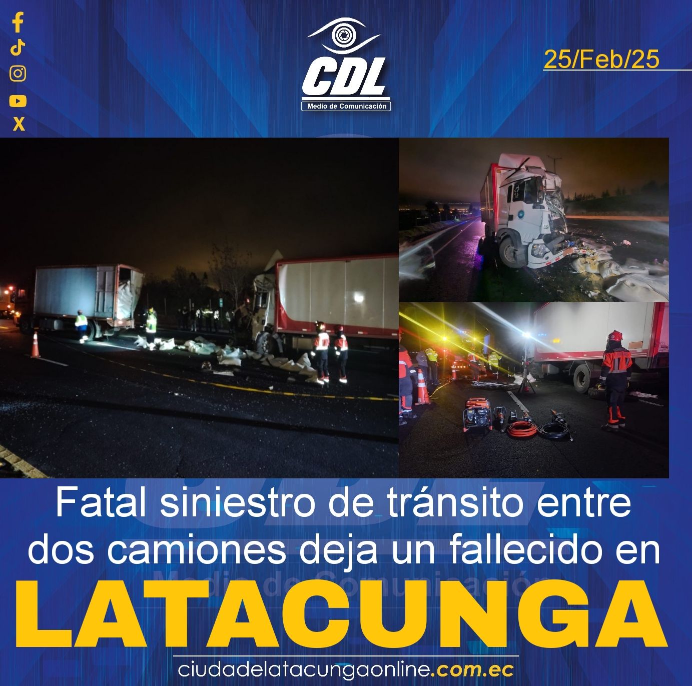 Fatal siniestro de tránsito entre dos camiones deja un fallecido en Latacunga