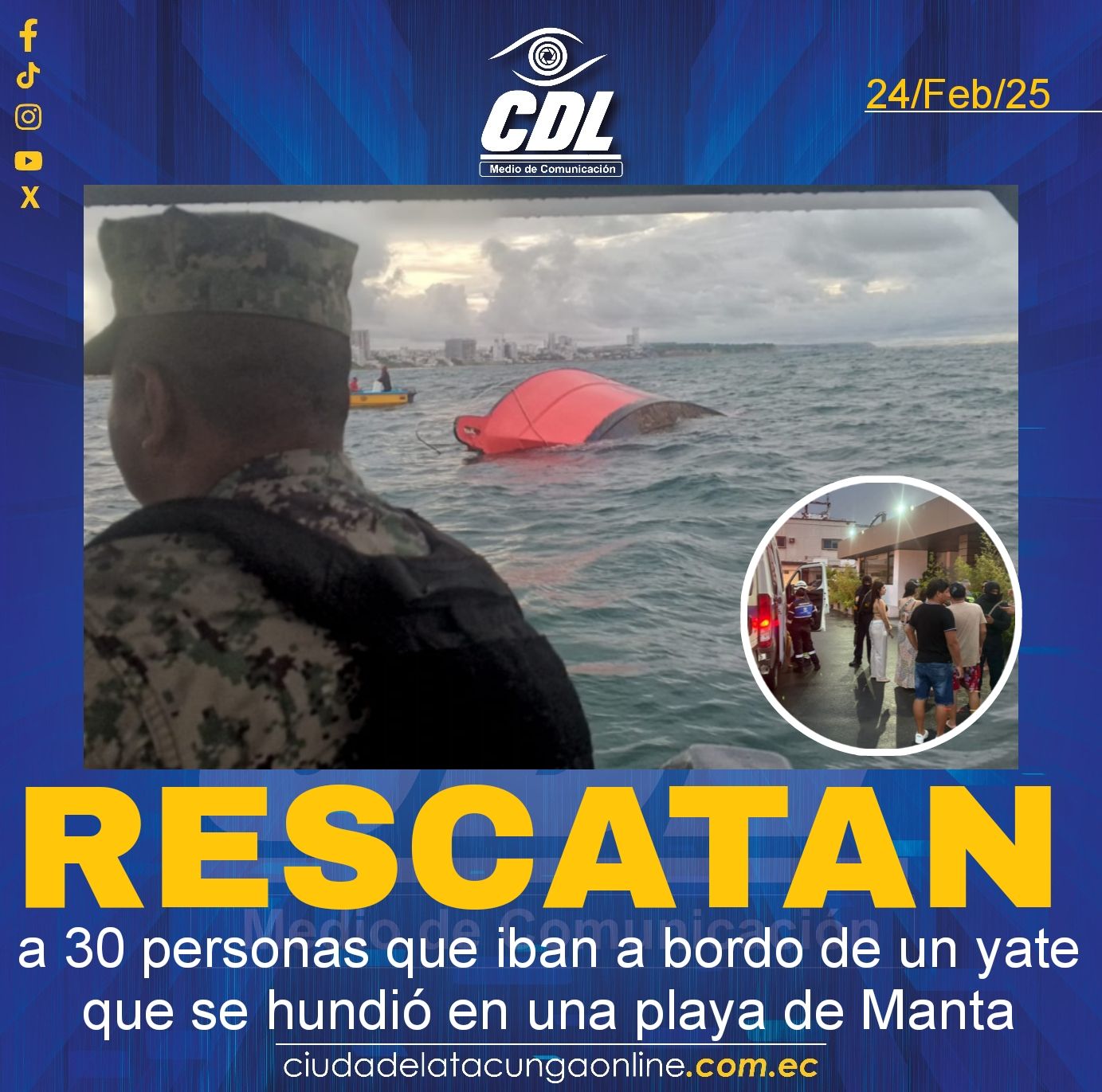 Rescatan a 30 personas que iban a bordo de un yate que se hundió en una playa de Manta