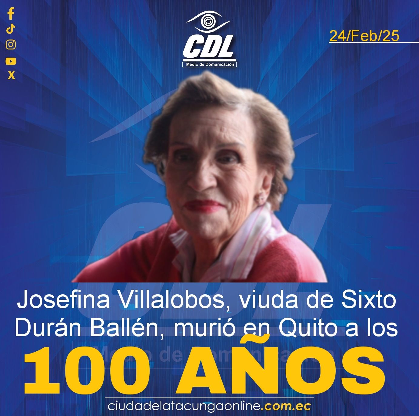Josefina Villalobos, viuda de Sixto Durán Ballén, murió en Quito a los 100 años