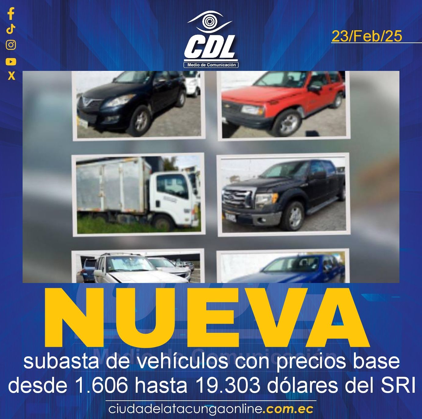 Nueva subasta de vehículos con precios base desde 1.606 hasta 19.303 dólares del SRI