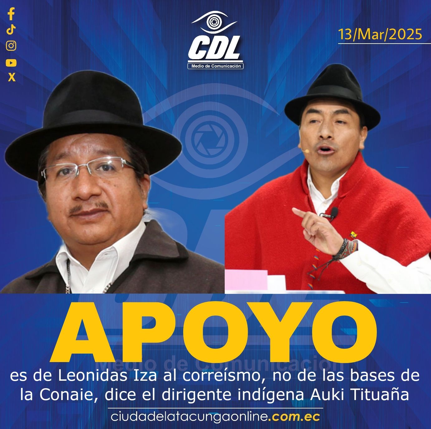 El apoyo es de Leonidas Iza al correísmo, no de las bases de la Conaie, dice el dirigente indígena Auki Tituaña