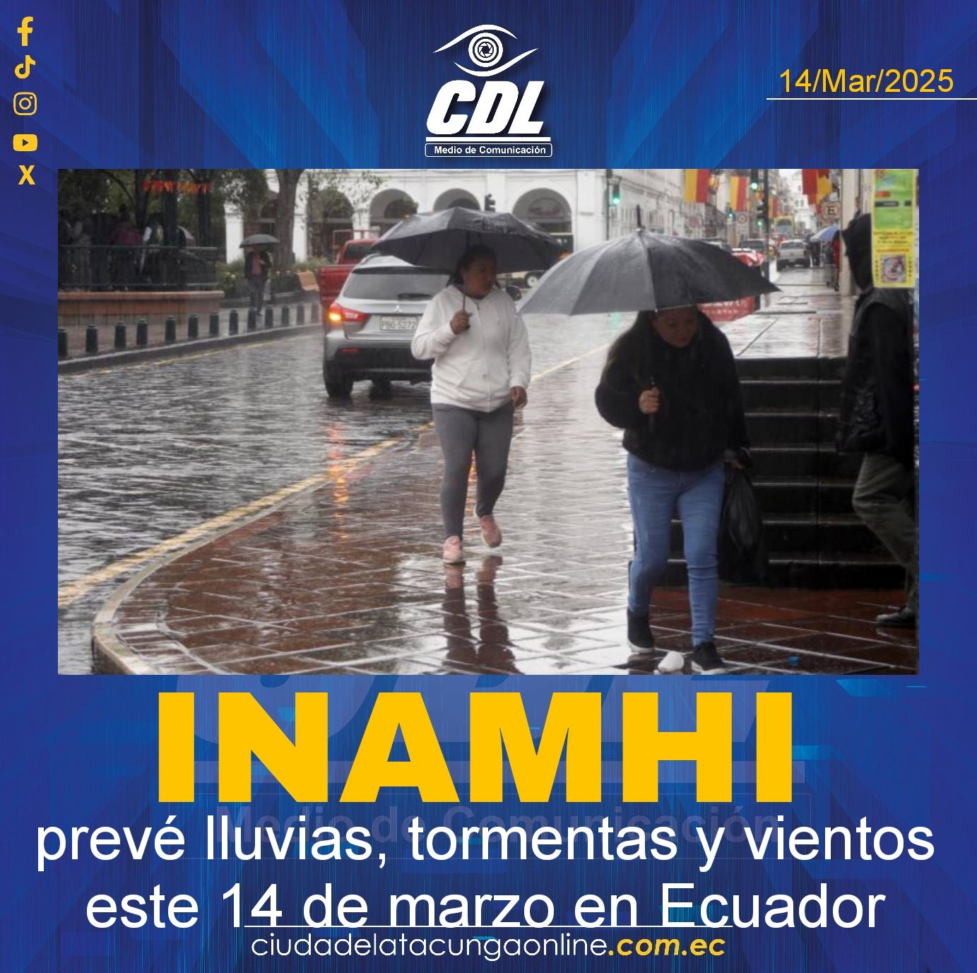 El Inamhi prevé lluvias, tormentas y vientos este 14 de marzo en Ecuador.