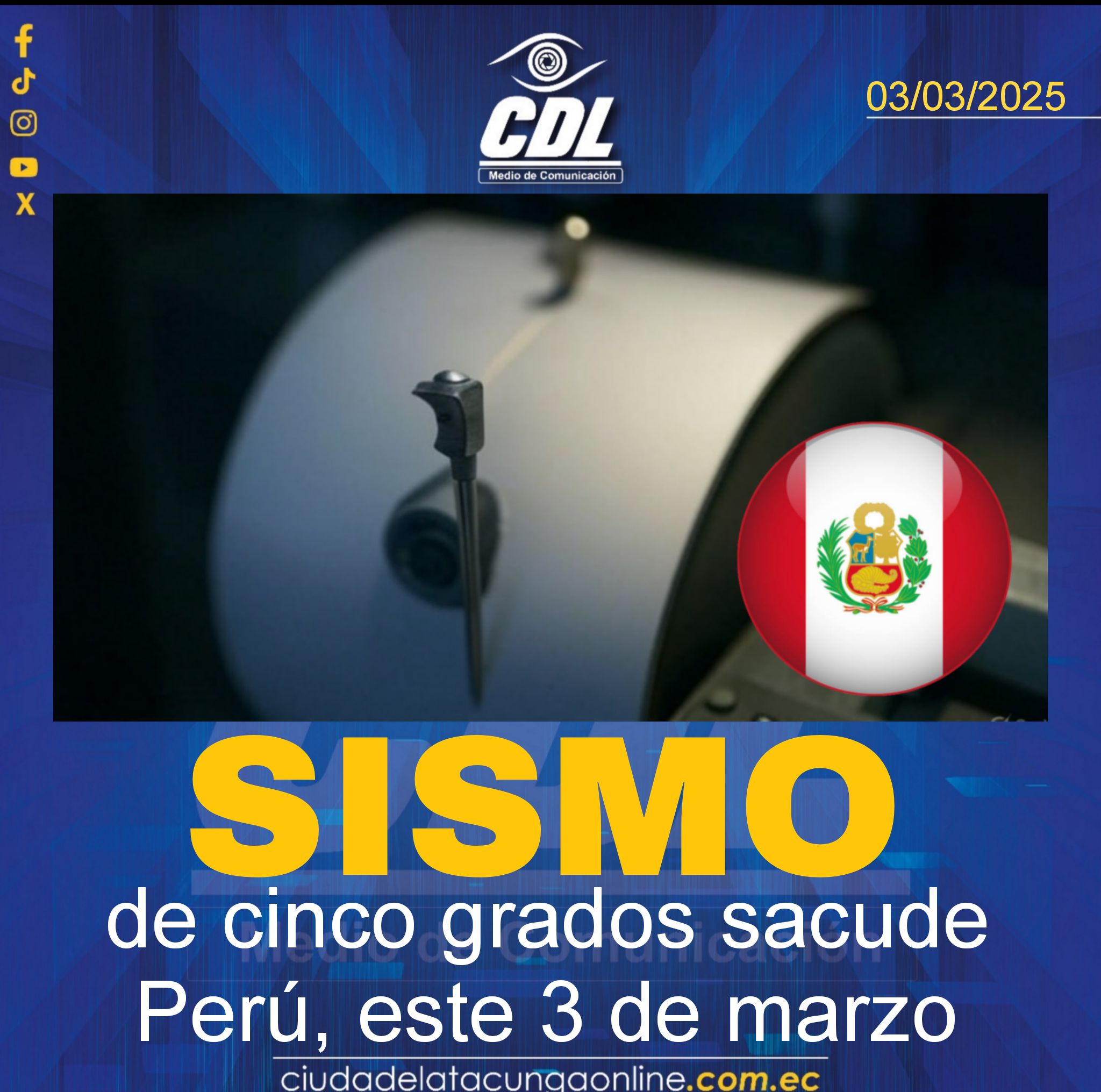 Sismo de cinco grados sacude Perú, este 3 de marzo