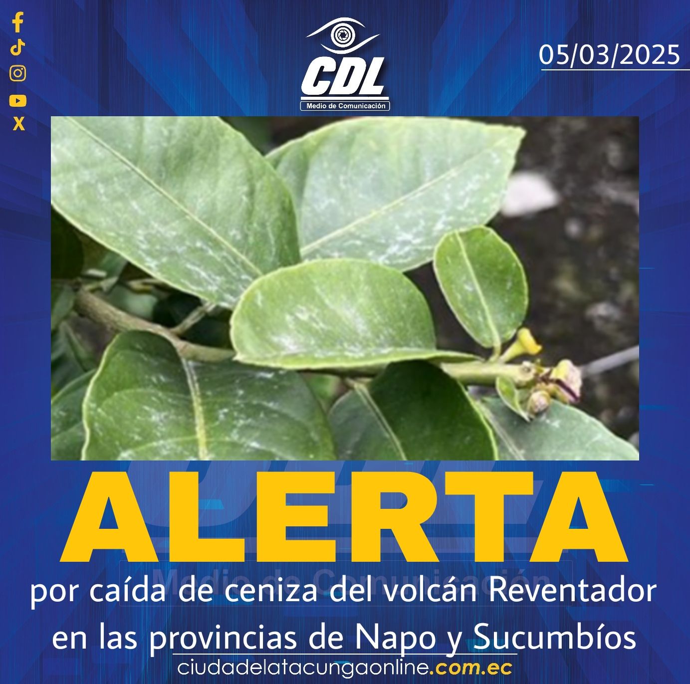 Alerta por caída de ceniza del volcán Reventador en las provincias de Napo y Sucumbíos