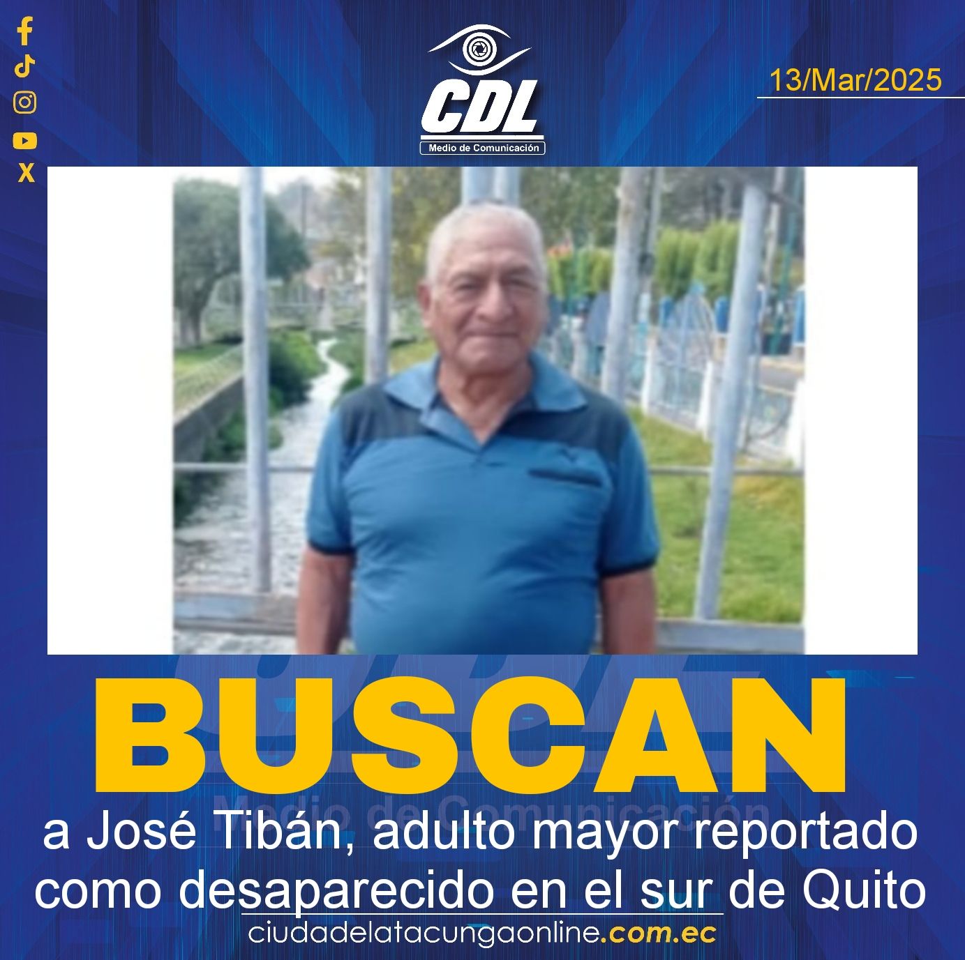 Familiares buscan a José Tibán, adulto mayor reportado como desaparecido en el sur de Quito