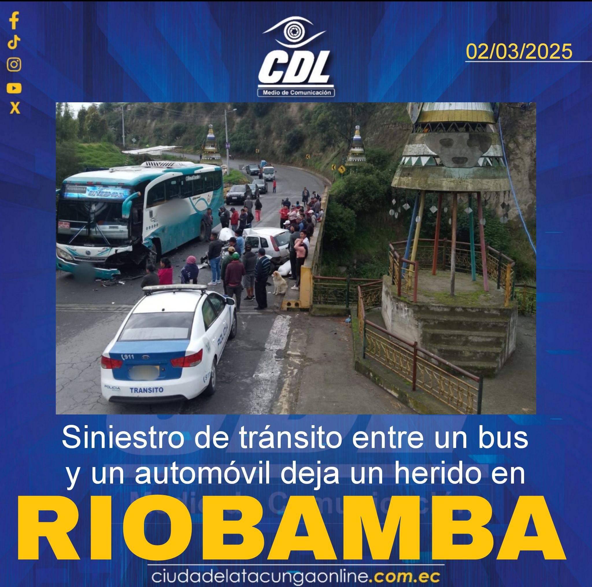 Siniestro de tránsito entre un bus y un automóvil deja un herido en Riobamba