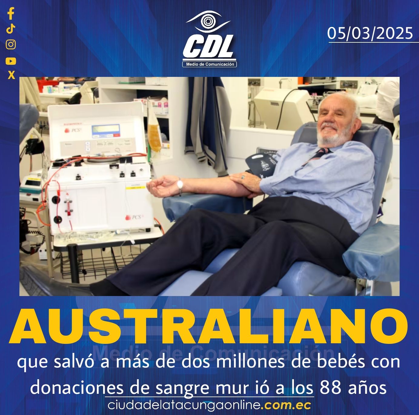 El australiano que salvó a más de dos millones de bebés con donaciones de sangre mur ió a los 88 años