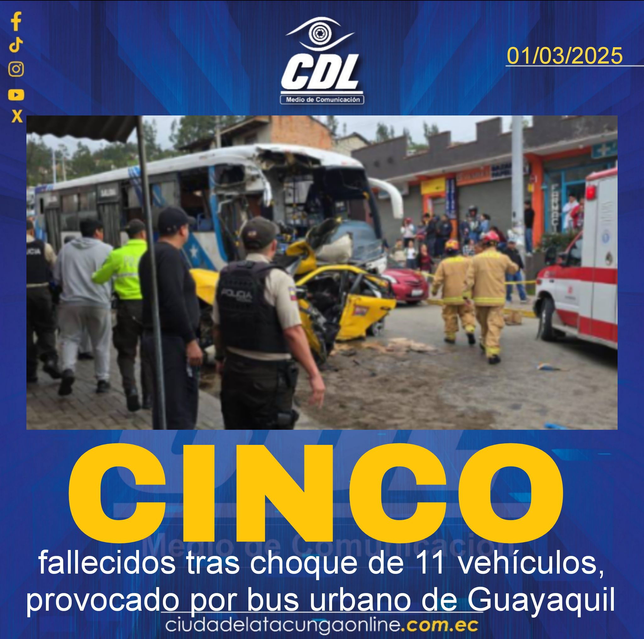 Cuenca: Cinco fallecidos tras choque de 11 vehículos, provocado por bus urbano de Guayaquil