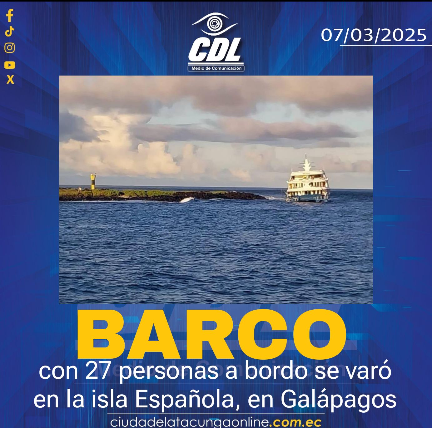 Un barco con 27 personas a bordo se varó en la isla Española, en Galápagos