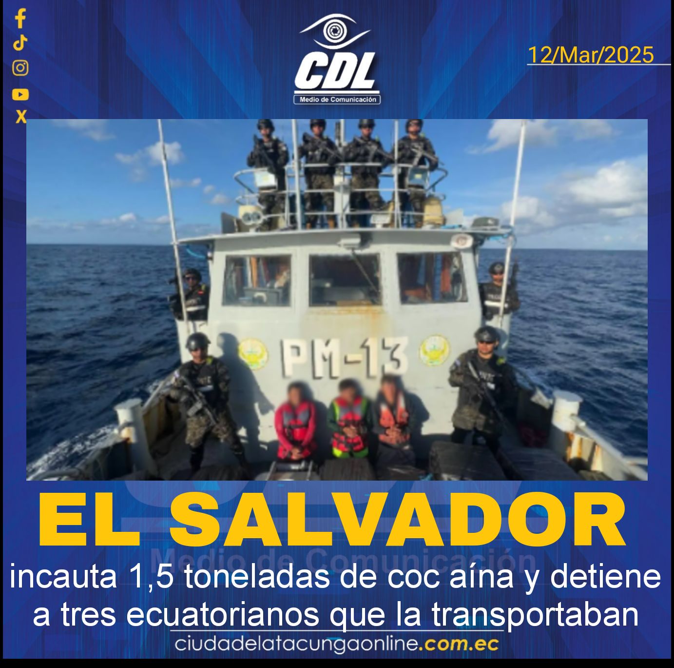 El Salvador incauta 1,5 toneladas de cocaína y detiene a tres ecuatorianos que la transportaban