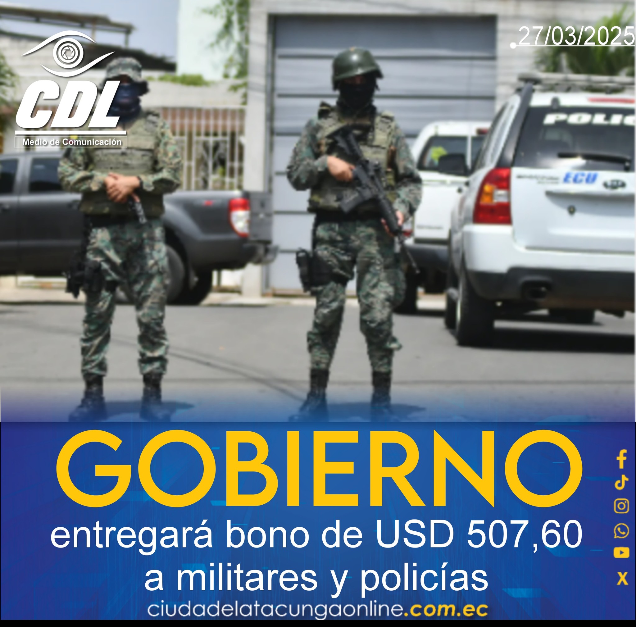 Gobierno entregará bono de USD 507,60 a militares y policías