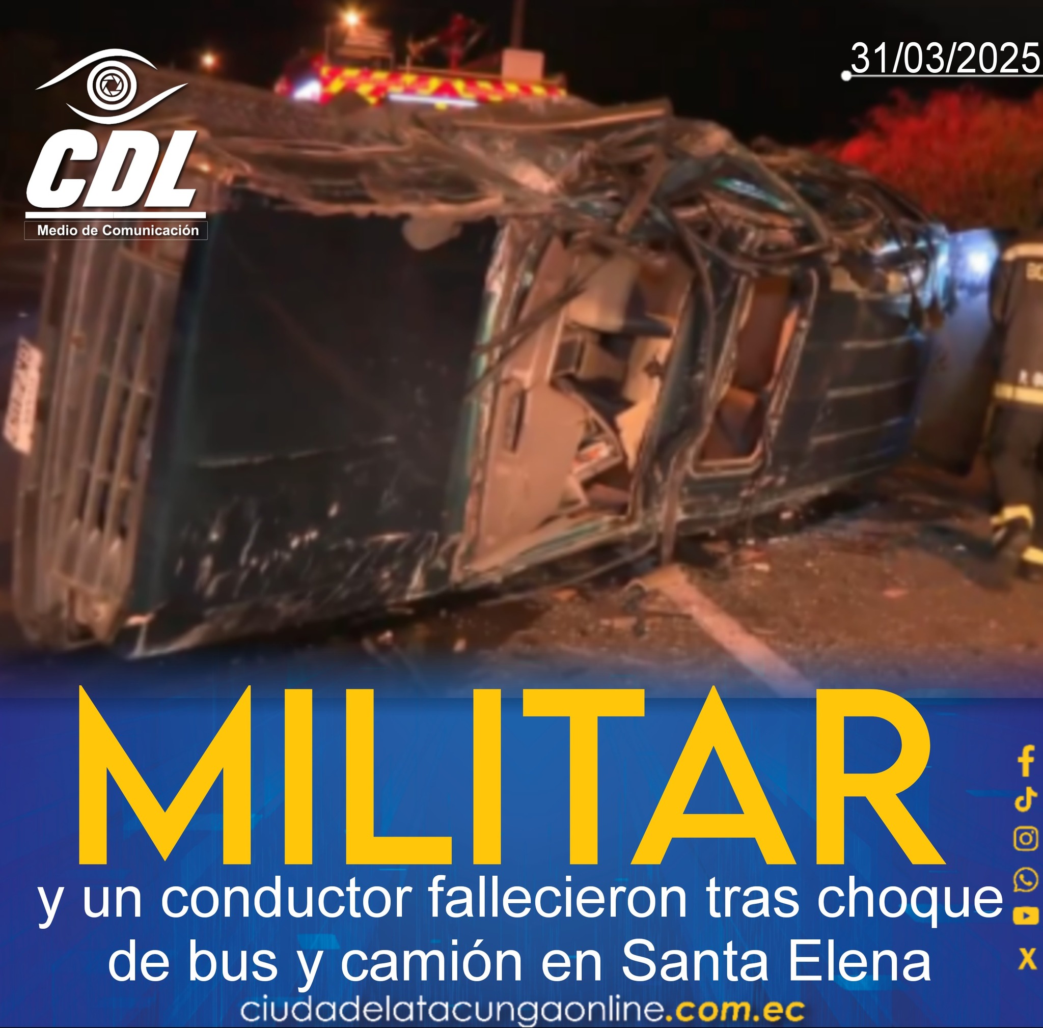 Un militar y un conductor fallecieron tras choque de bus y camión en Santa Elena