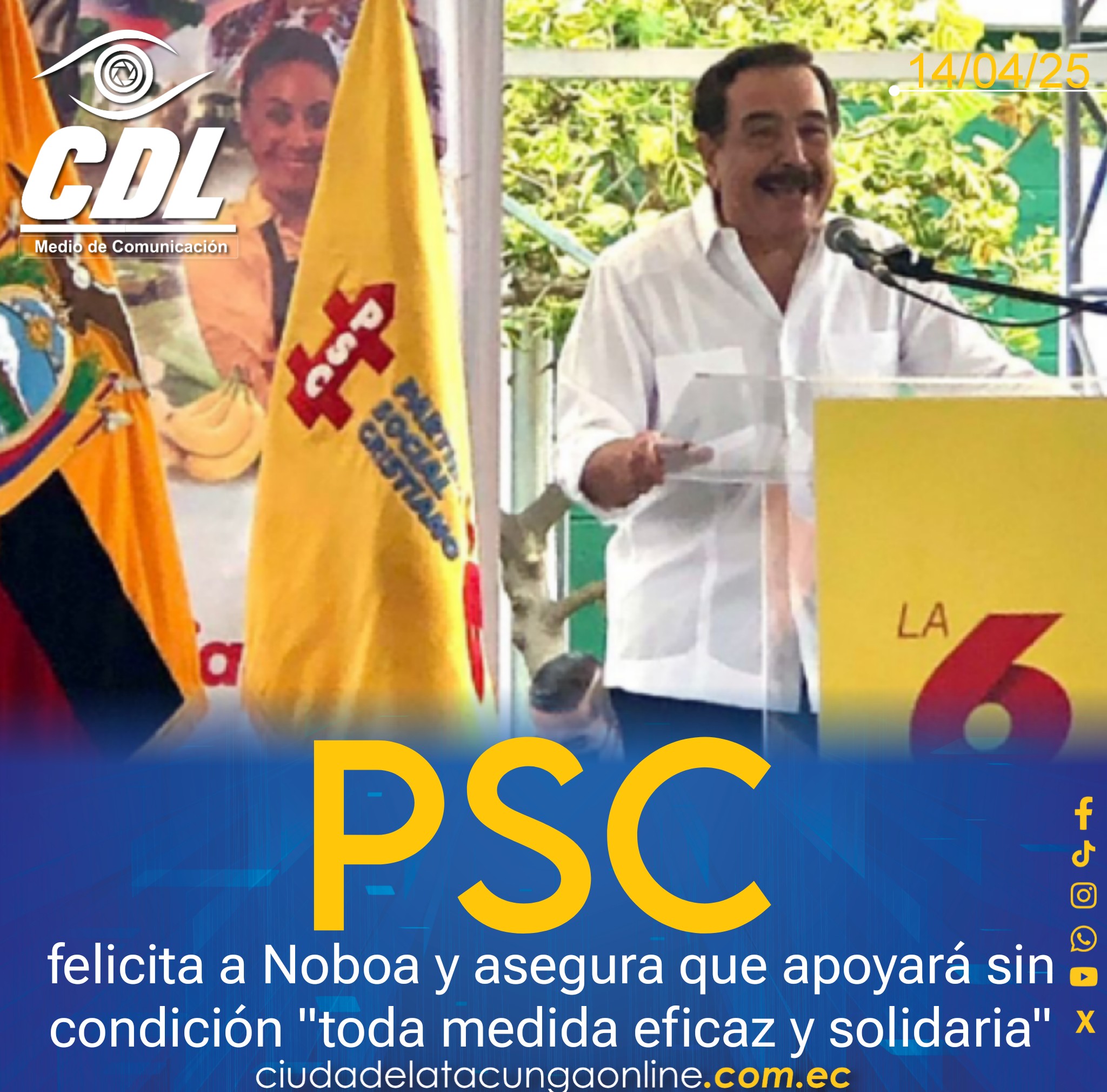 El PSC felicita a Noboa y asegura que apoyará sin condición «toda medida eficaz y solidaria»