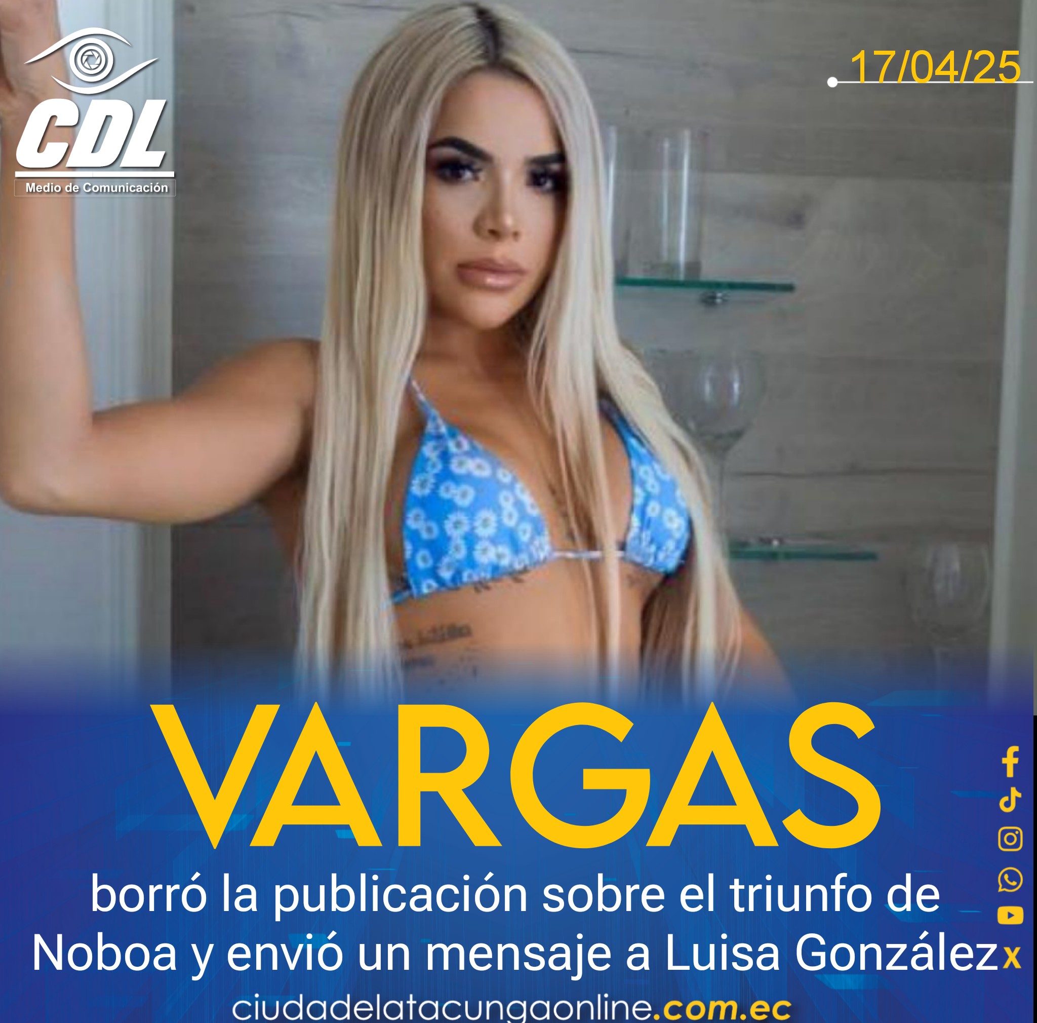 María Fernanda Vargas Alcaldesa del cantón Simón Bolívar borró la publicación sobre el triunfo de Noboa y envió un mensaje a Luisa González