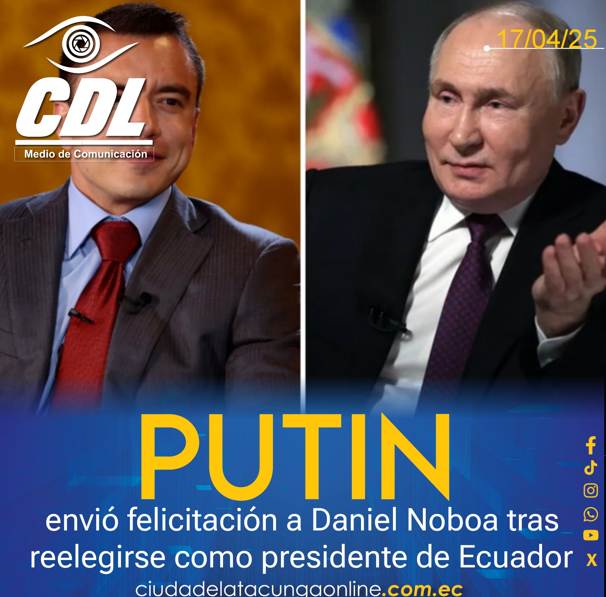 Vladimir Putin envió felicitación a Daniel Noboa tras reelegirse como presidente de Ecuador