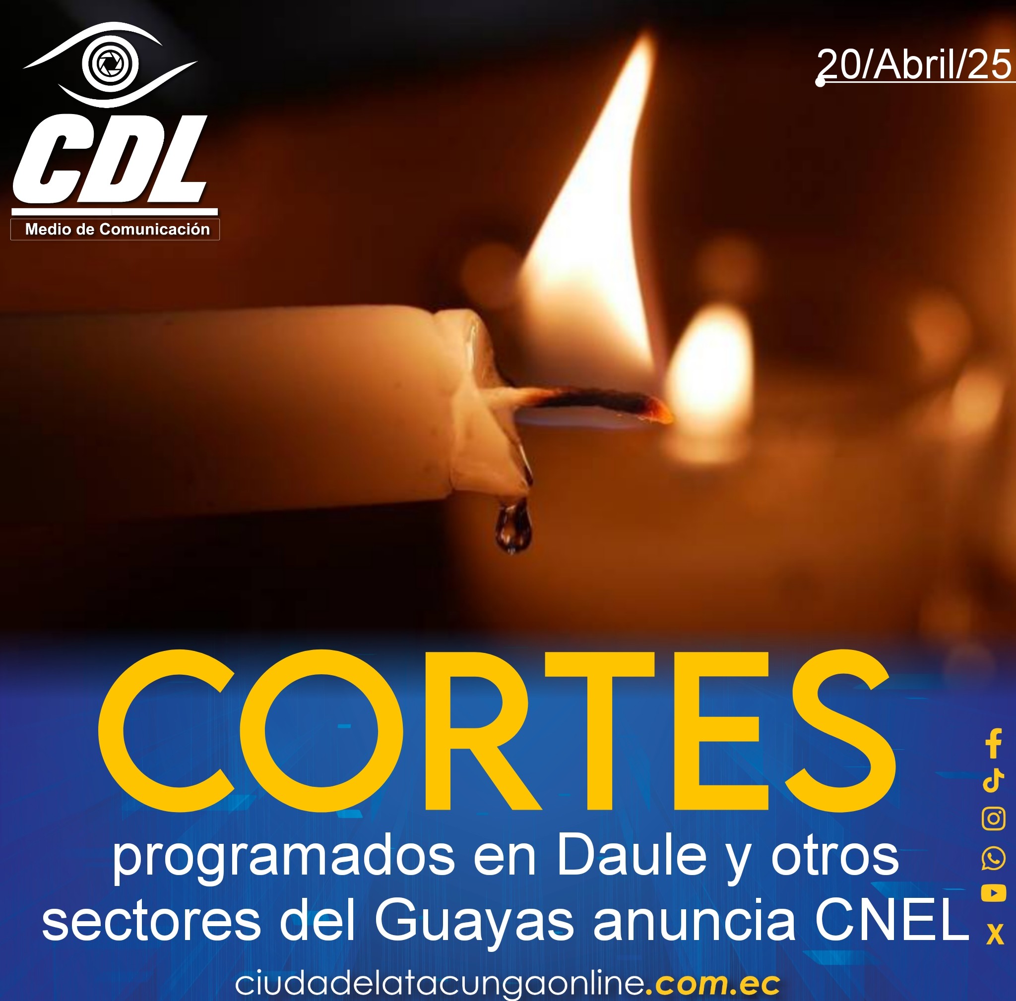 ¿Sin luz este lunes 21 de abril? Cortes programados en Daule y otros sectores del Guayas anuncia CNEL
