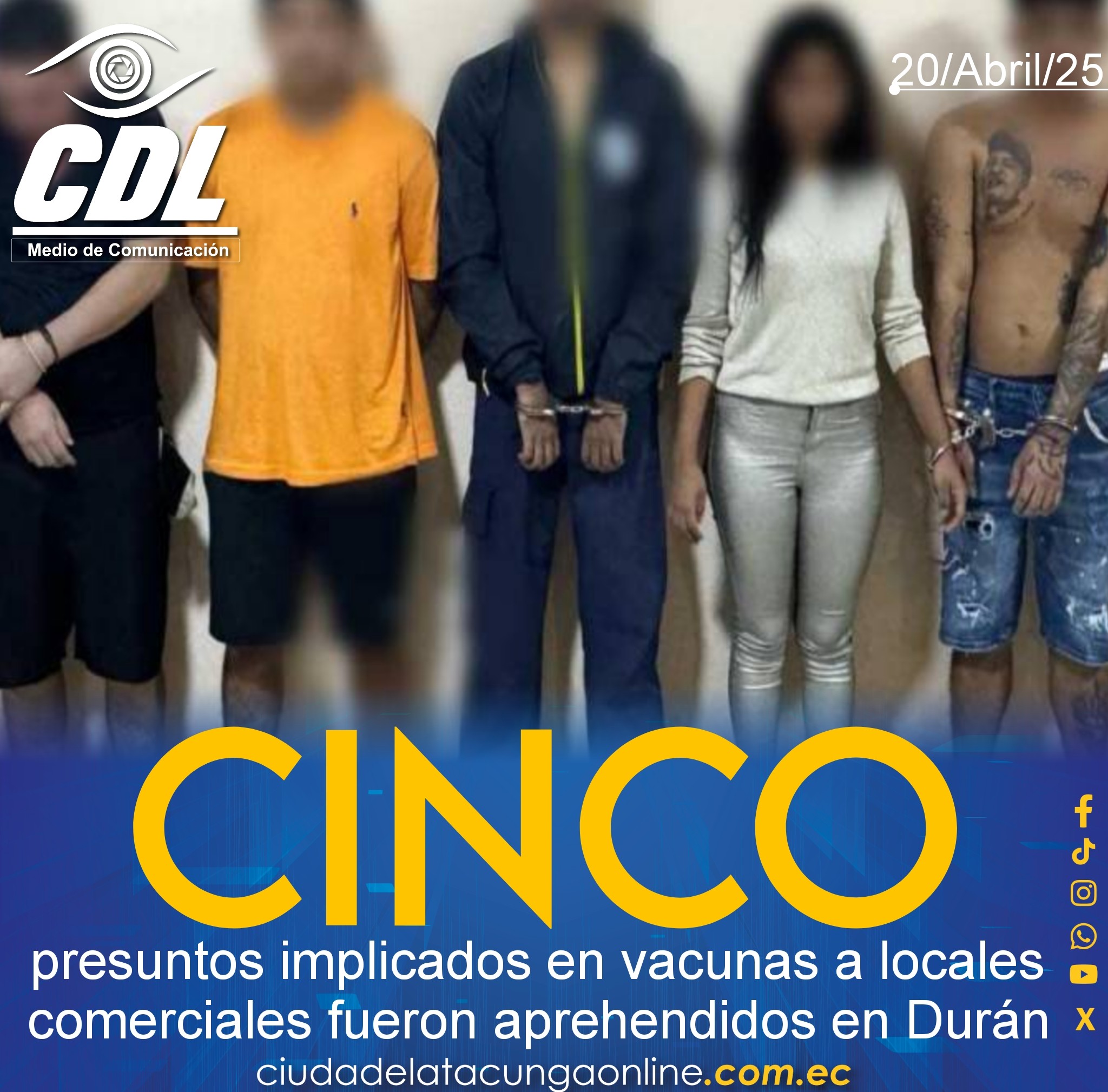 Cinco presuntos implicados en vacunas a locales comerciales fueron aprehendidos en Durán