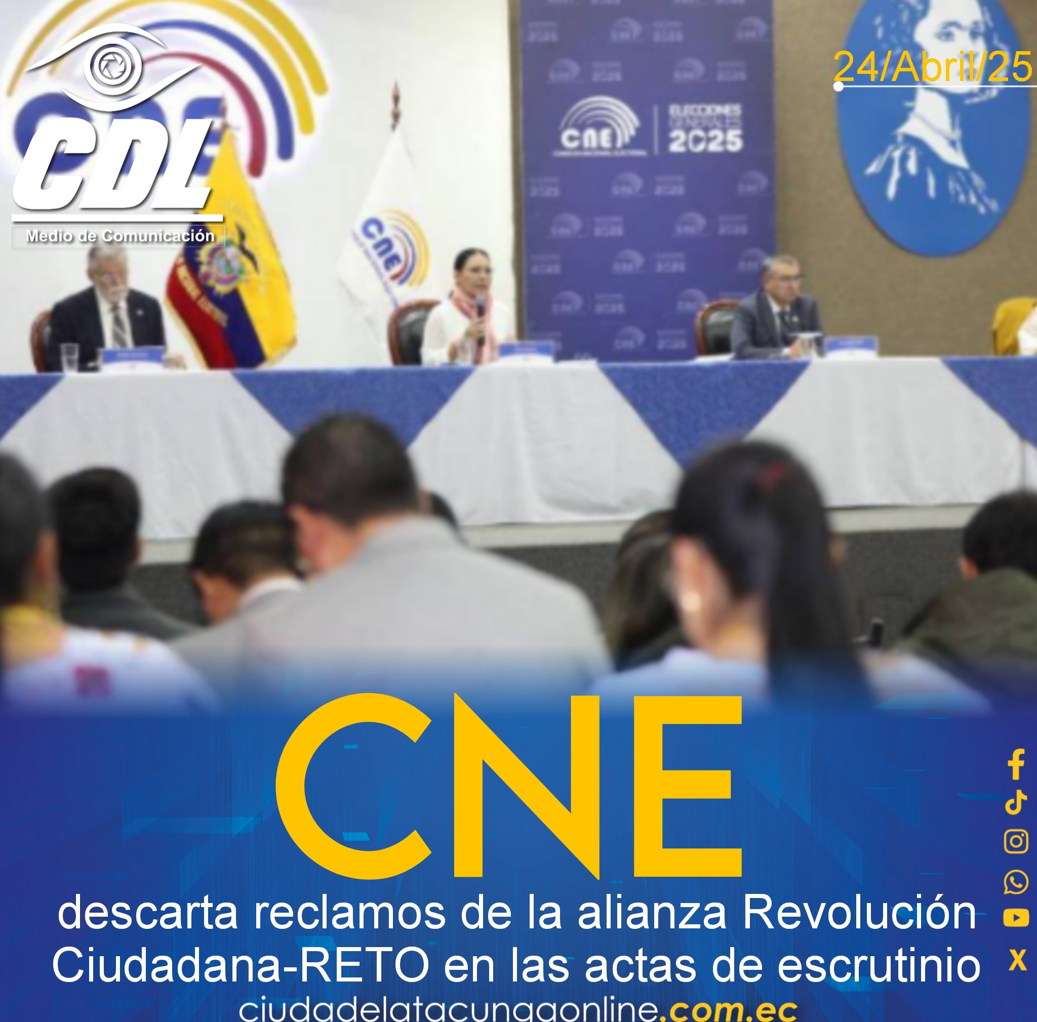 El CNE descarta reclamos de la alianza Revolución Ciudadana-RETO en las actas de escrutinio