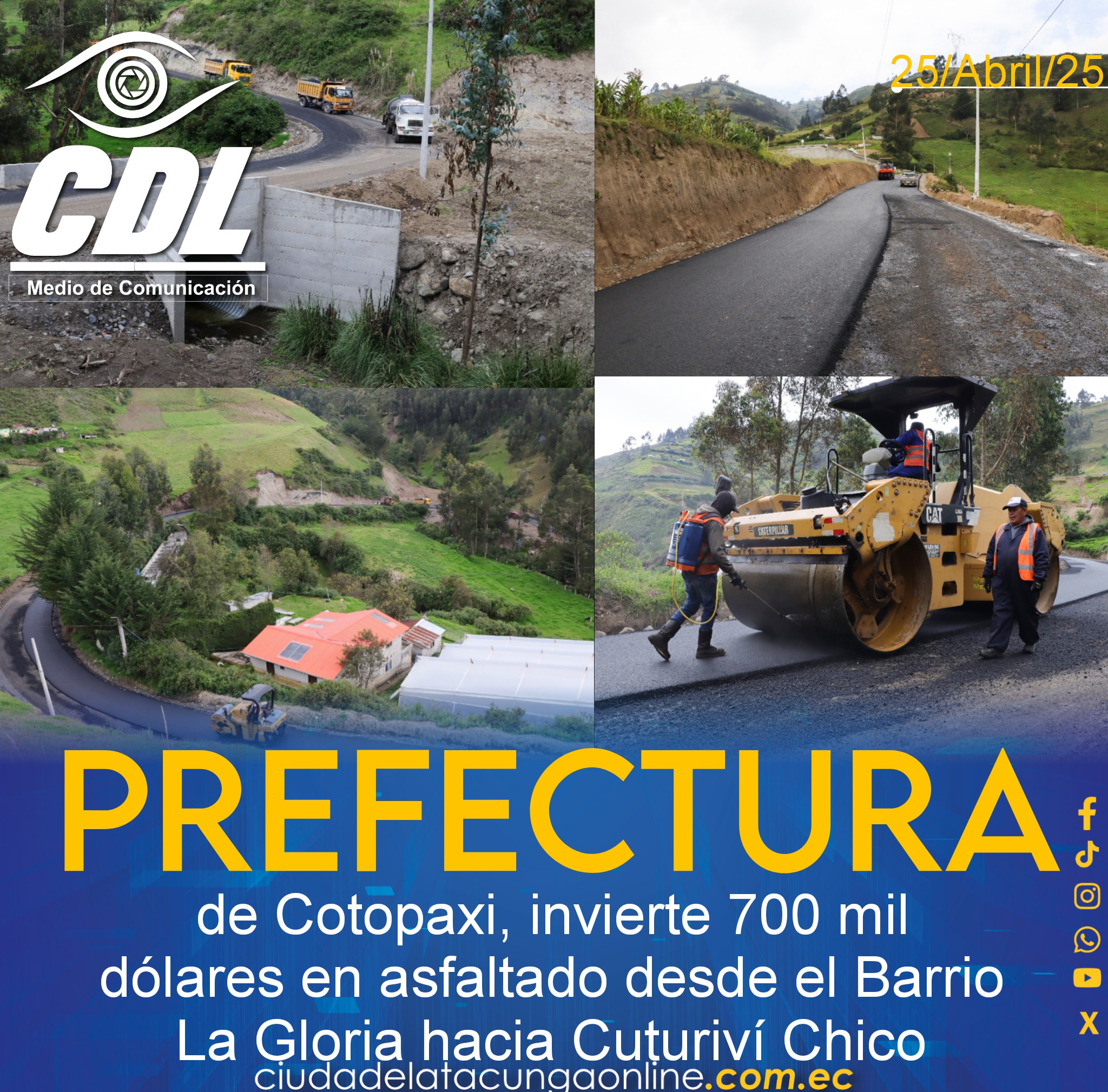 Prefectura de Cotopaxi, invierte 700 mil dólares en asfaltado desde el Barrio La Gloria hacia Cuturiví Chico