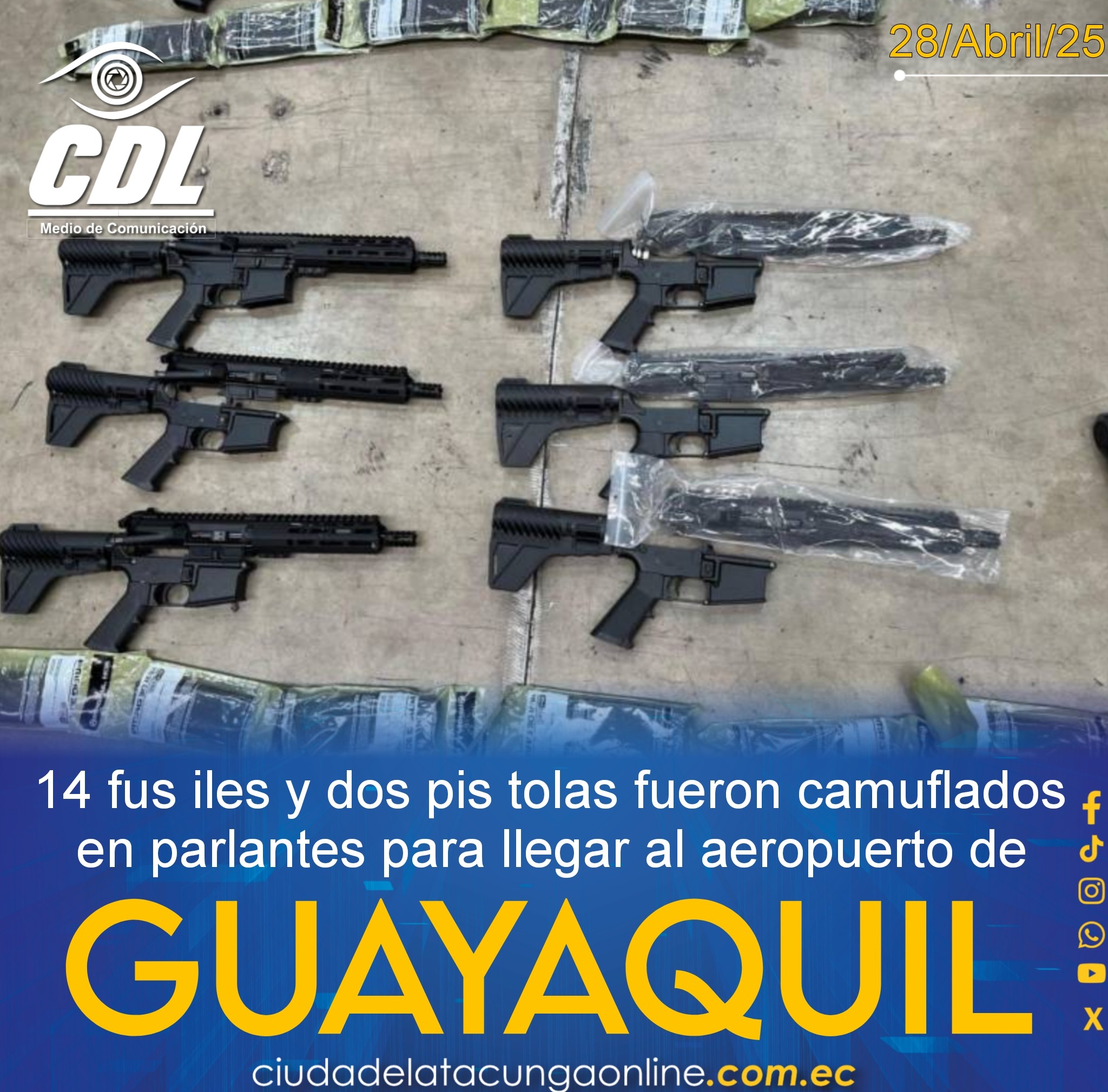 14 fus iles y dos pis tolas fueron camuflados en parlantes para llegar al aeropuerto de Guayaquil