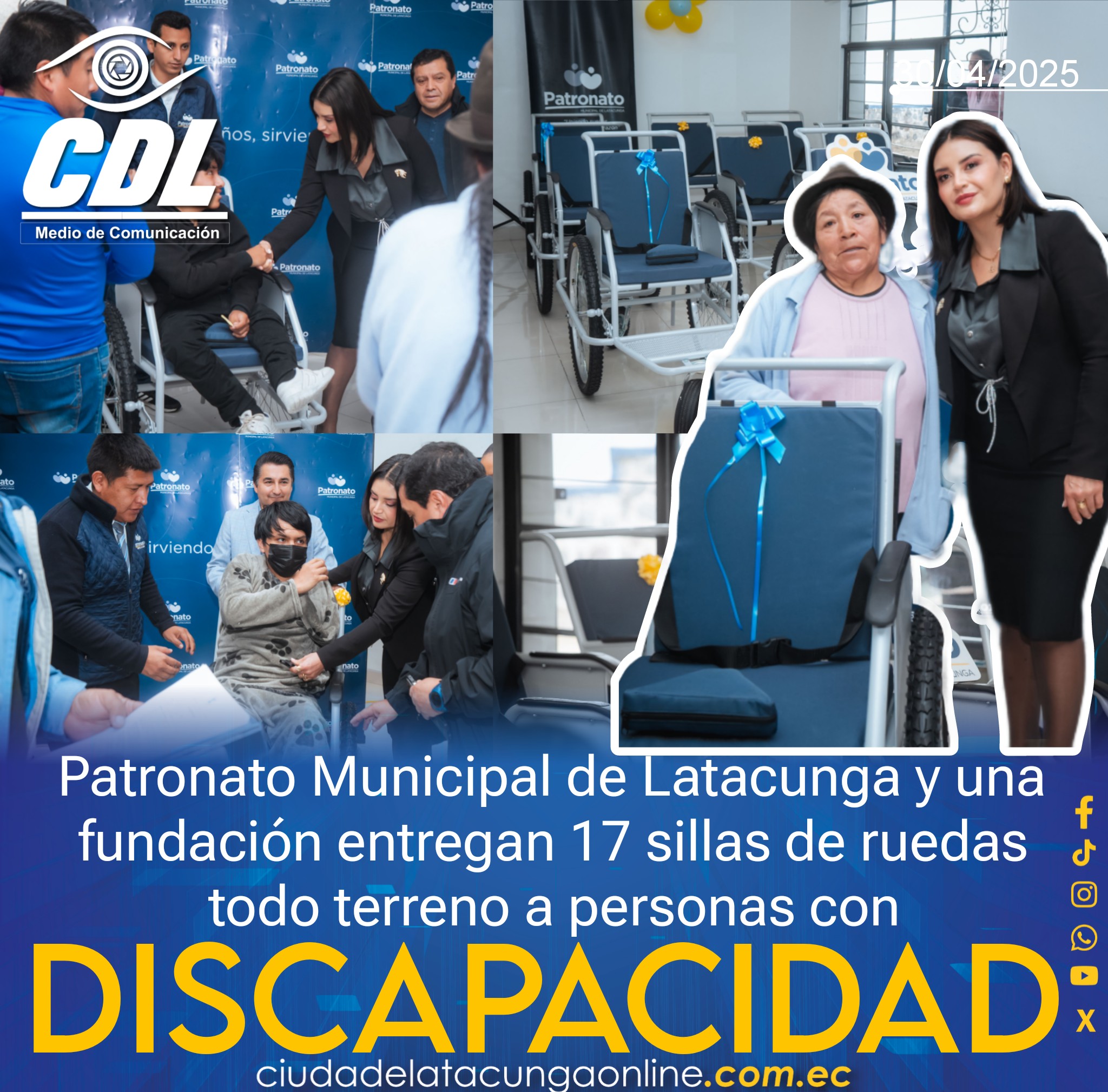 El Patronato Municipal de Latacunga y una fundación entregan 17 sillas de ruedas todo terreno a personas con discapacidad